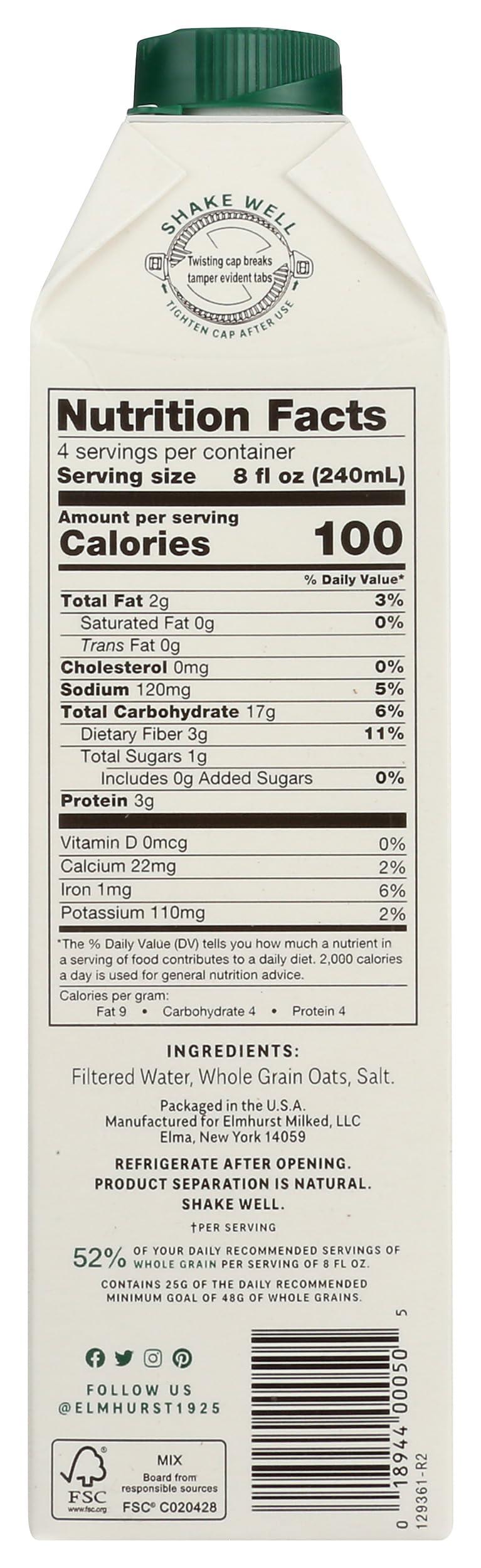 Elmhurst ELMHURST Unsweetened Oat Milk, 32 FZ