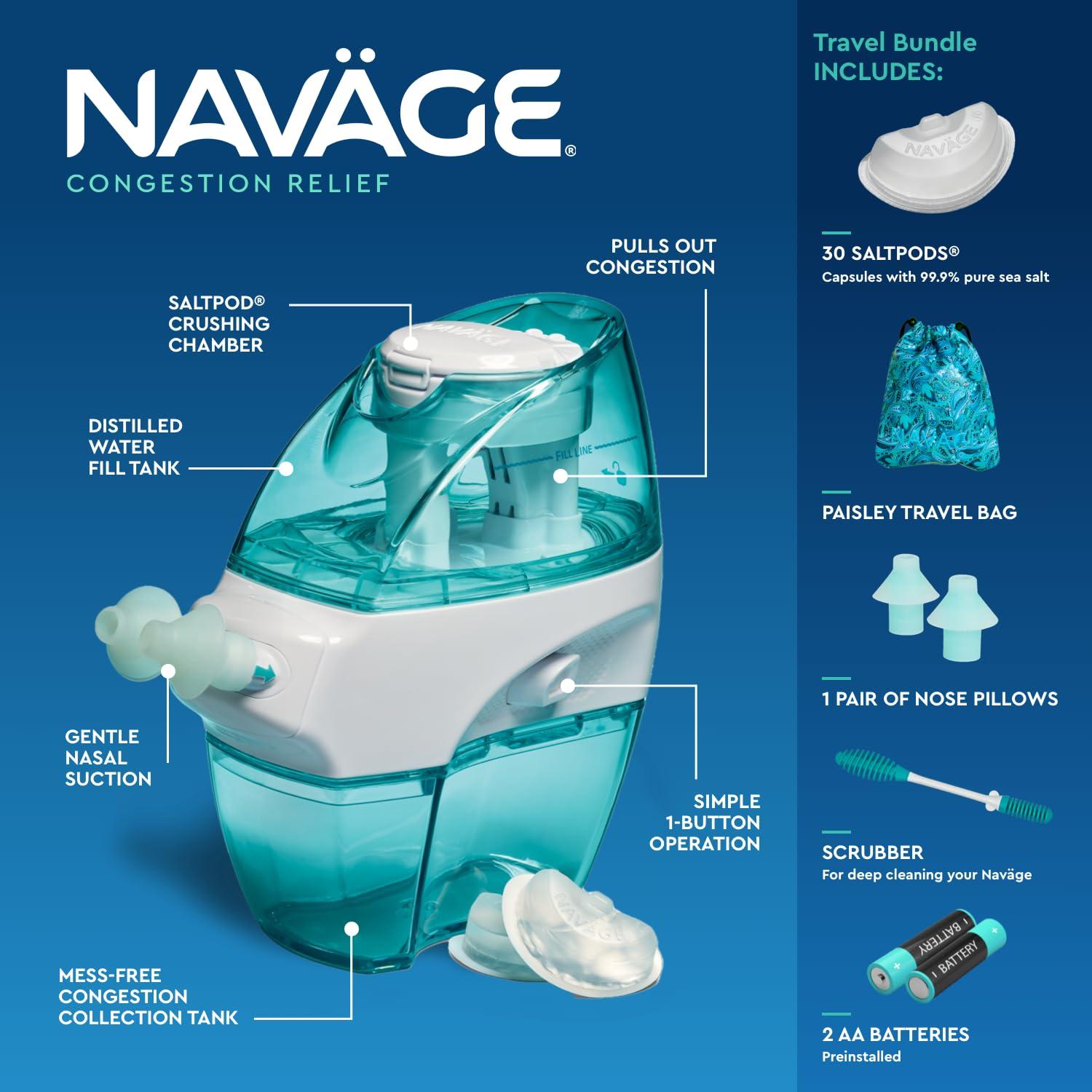 Navage Navage Travel Bundle Nasal Irrigation System - Saline Nasal Rinse Kit with 1 Nose Cleaner, 20 Salt Pods and Paisley Travel Bag