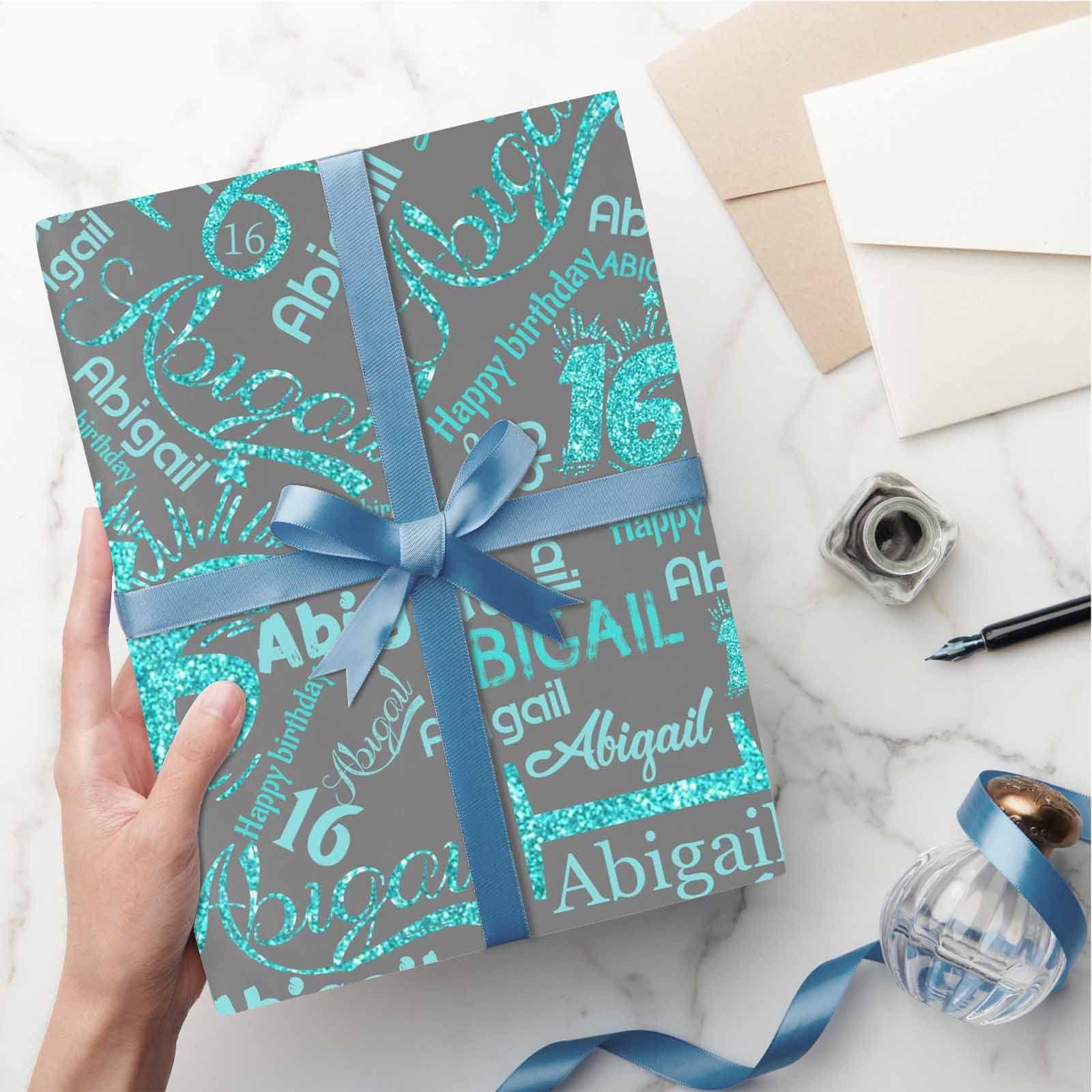 Vesserd Vesserd Custom Gift Wrapping Paper, Customized Light Blue Name Gifts Wrapping Paper Custom Name Gift Wrap Roll for Men Women Adult for Christmas Anniversary Day
