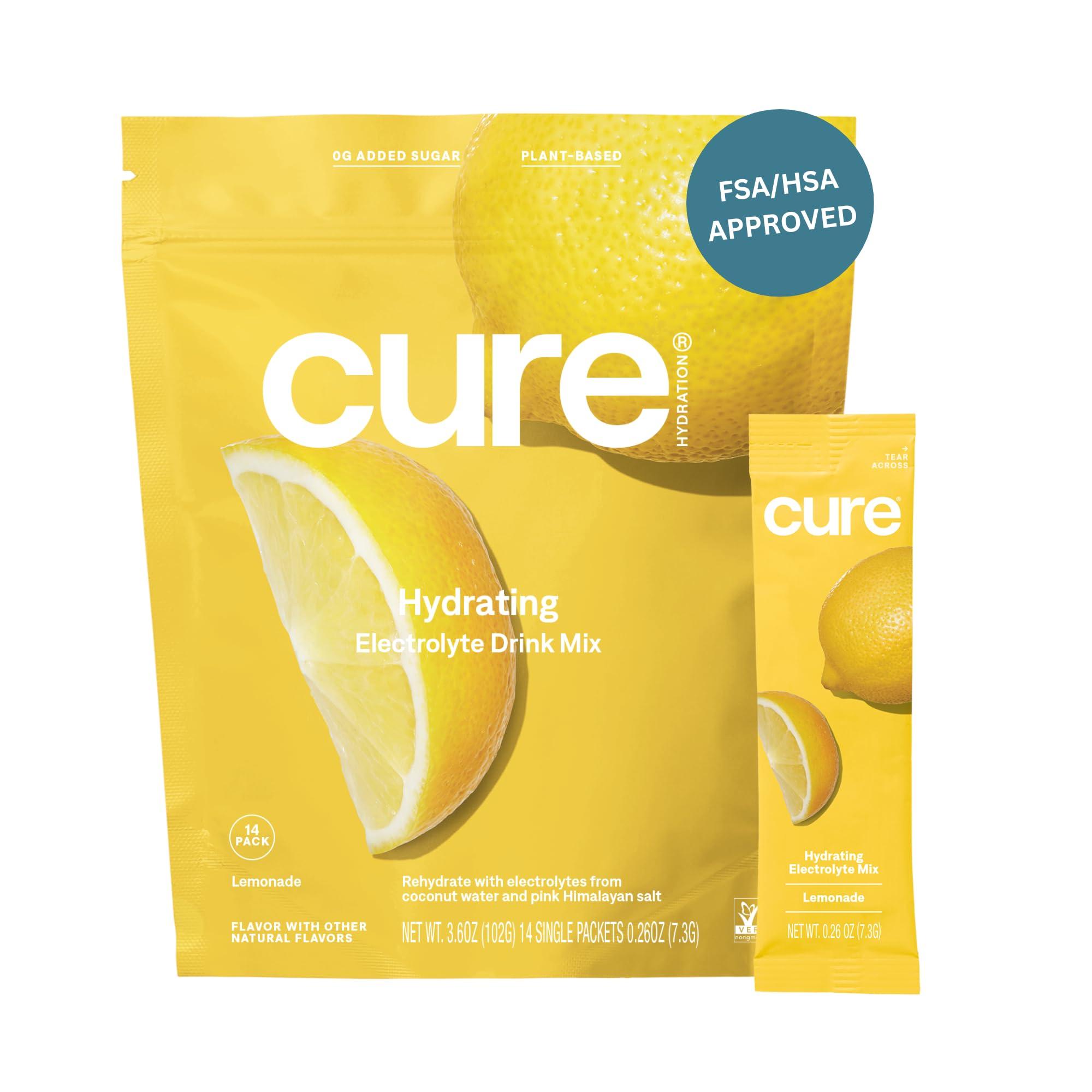 Cure Hydration Cure Hydrating Plant Based Electrolyte Mix | Powder for Dehydration Relief | Made with Coconut Water | Non-GMO | No Added Sugar | FSA & HSA | Vegan | Paleo | Pouch of 14 Packets - Lemonade