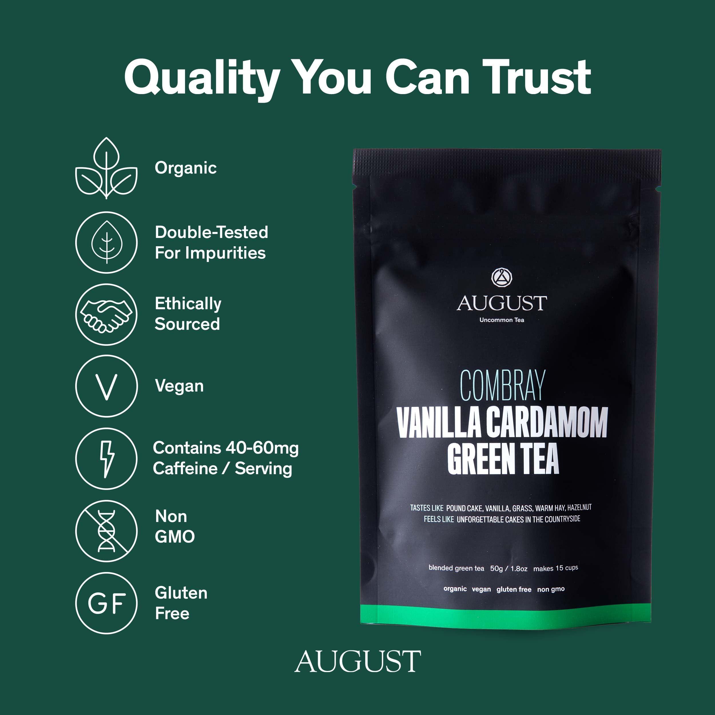 August Uncommon Tea August Uncommon Loose Leaf Tea Combray Vanilla Cardamom Organic Green Tea Hot & Iced Tea Natural 1.8 oz Bag (50g) makes 15-30 Cups