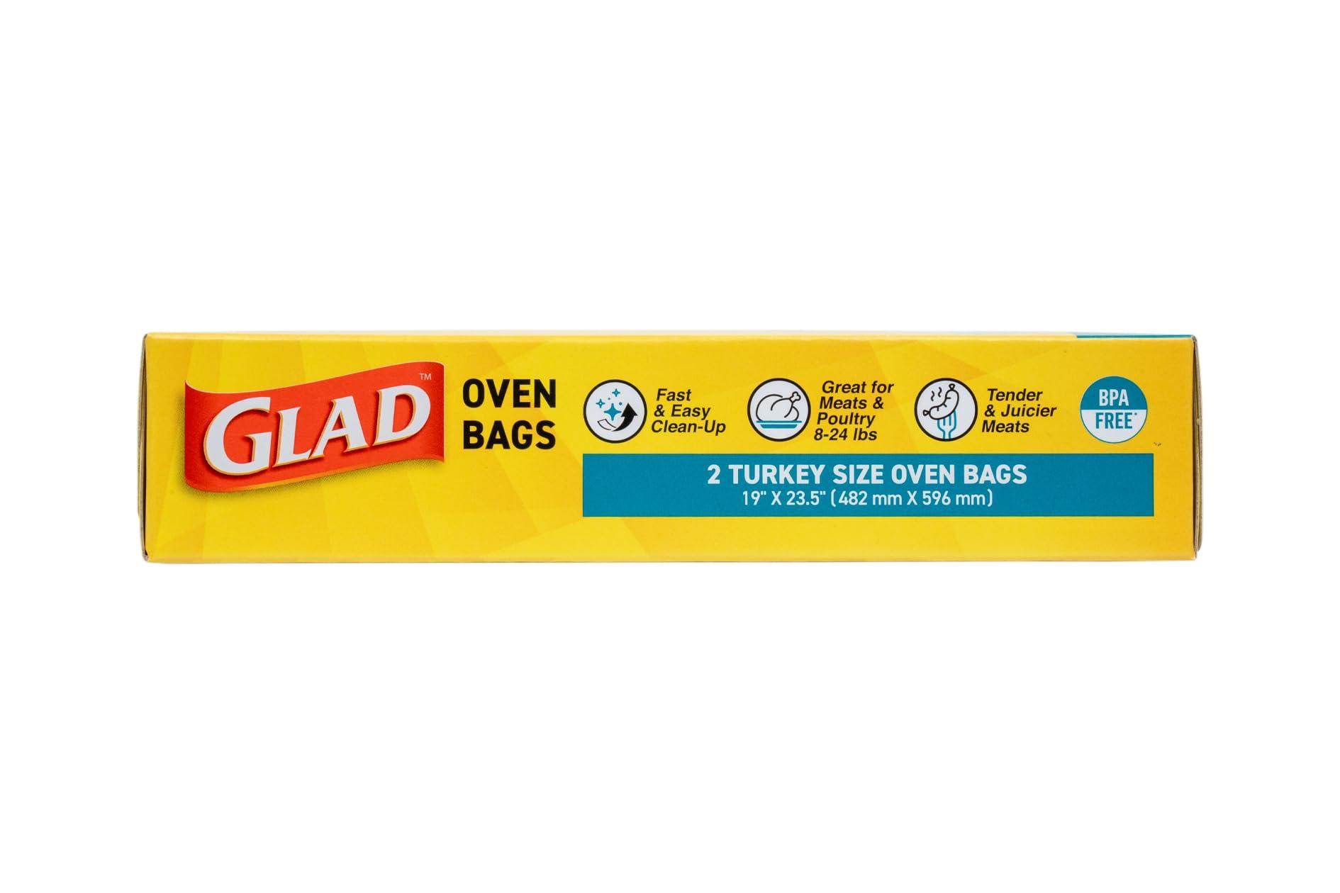 Glad Glad Turkey Size Oven Bags for Meats & Poultry 8-24 lbs BPA-Free* for Tender, Juicy Roasts with Fast & Easy Clean-Up, Turkey Cooking Bags, Roasting Bags, 19" x 23.5" - 2 Count