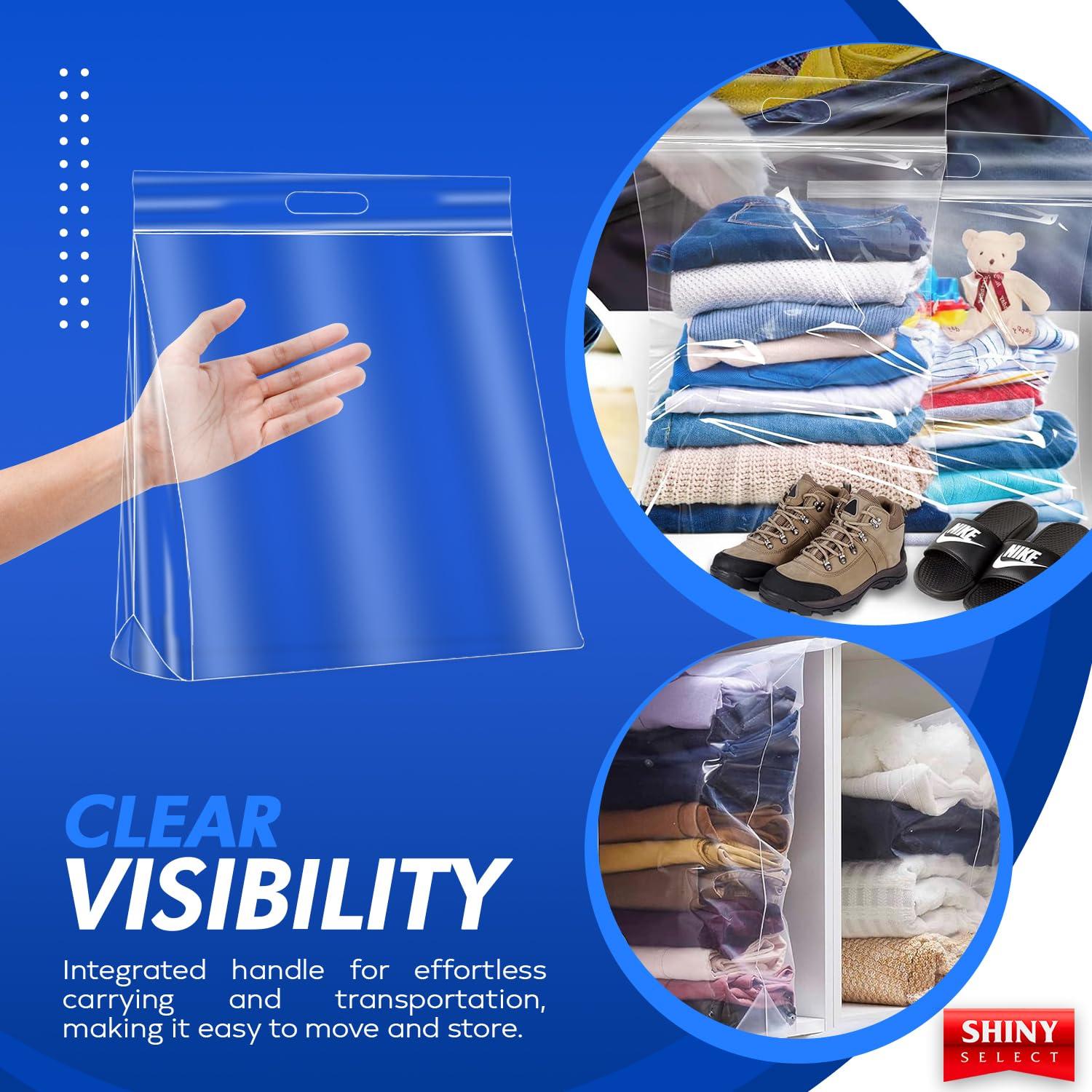 SHINY SELECT Extra Large Big 8 Gallon Jumbo Storage Bag Super Thick Clear Plastic Bags with Handle & Zipper Seal, 15 Bags Heavy Duty 4 Mil. Thick for Moving, Clothing, Beach, Art, Supplies, Towels