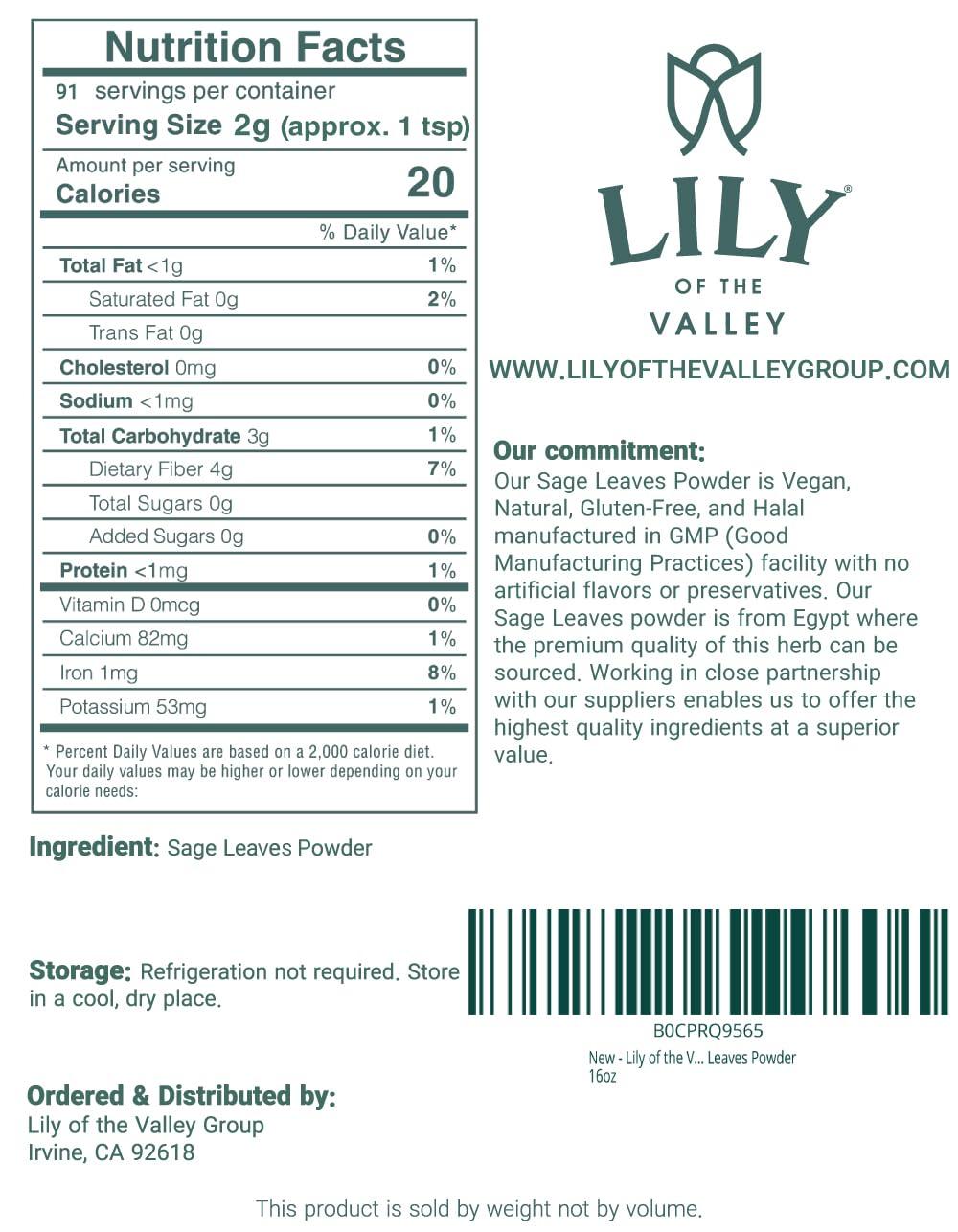 LILY OF THE VALLEY Lily of the Valley Sage Leaf Powder - Ground Dried Sage leaves - Seasoning Herb Spice - No Fillers & No Additives - Great for Cooking - Vegan & Gluten-Free - Packed in Resealable Pouch (16oz, 453g)