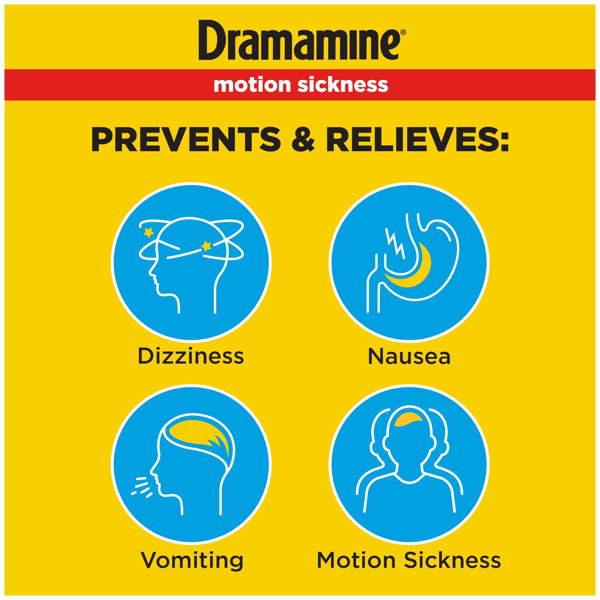 Dramamine Dramamine Motion Sickness Relief Tablets Bundle: All Day Less Drowsy, 8 Count, 3 Pack and Original Travel Vial, 12 Count