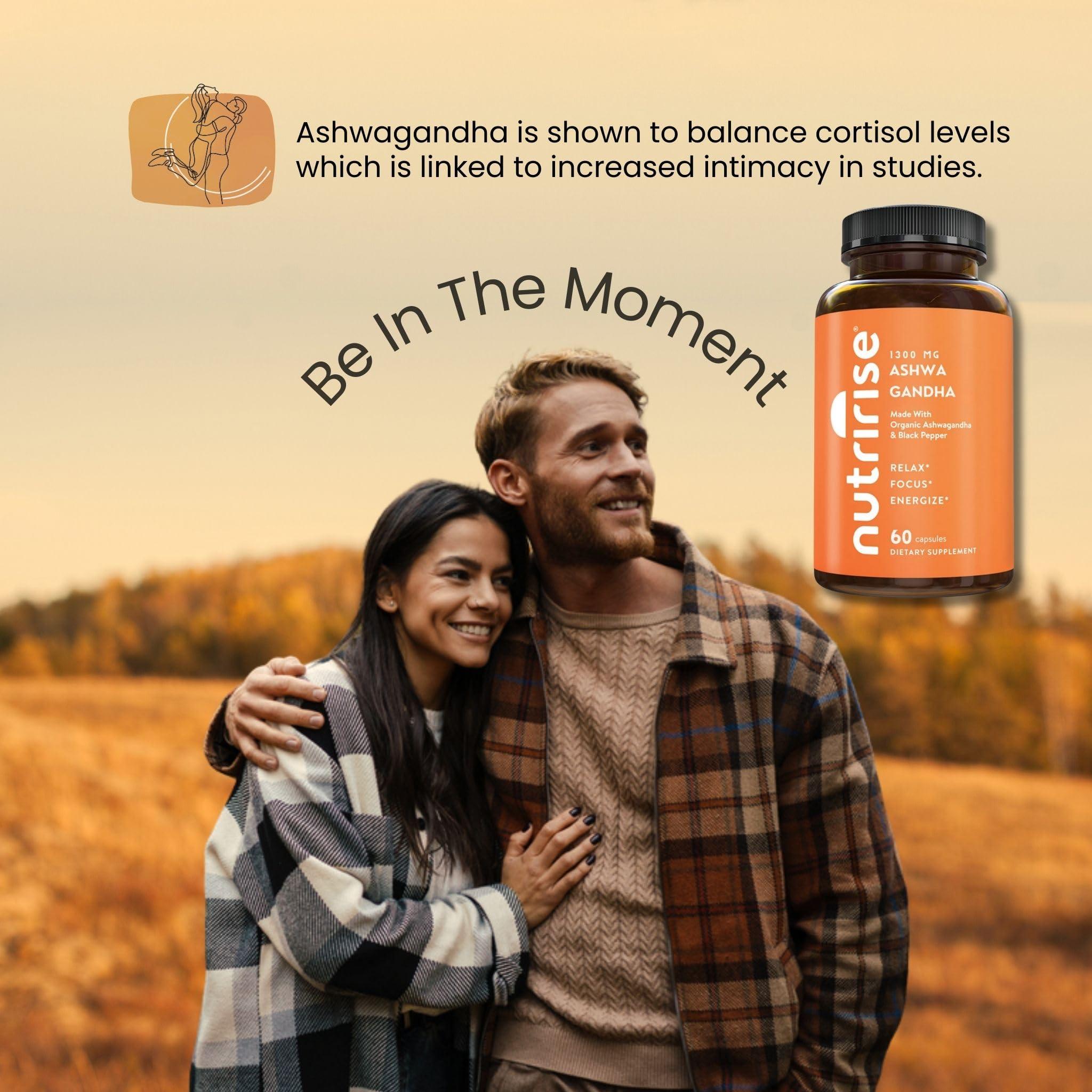 NutriRise NutriRise Organic Ashwagandha Root Capsules with Black Pepper, 1300mg, Natural Stress & Mood, Thyroid & Immune Support Supplement, Clarity, Focus & Energy, Gluten Free, 60 Count