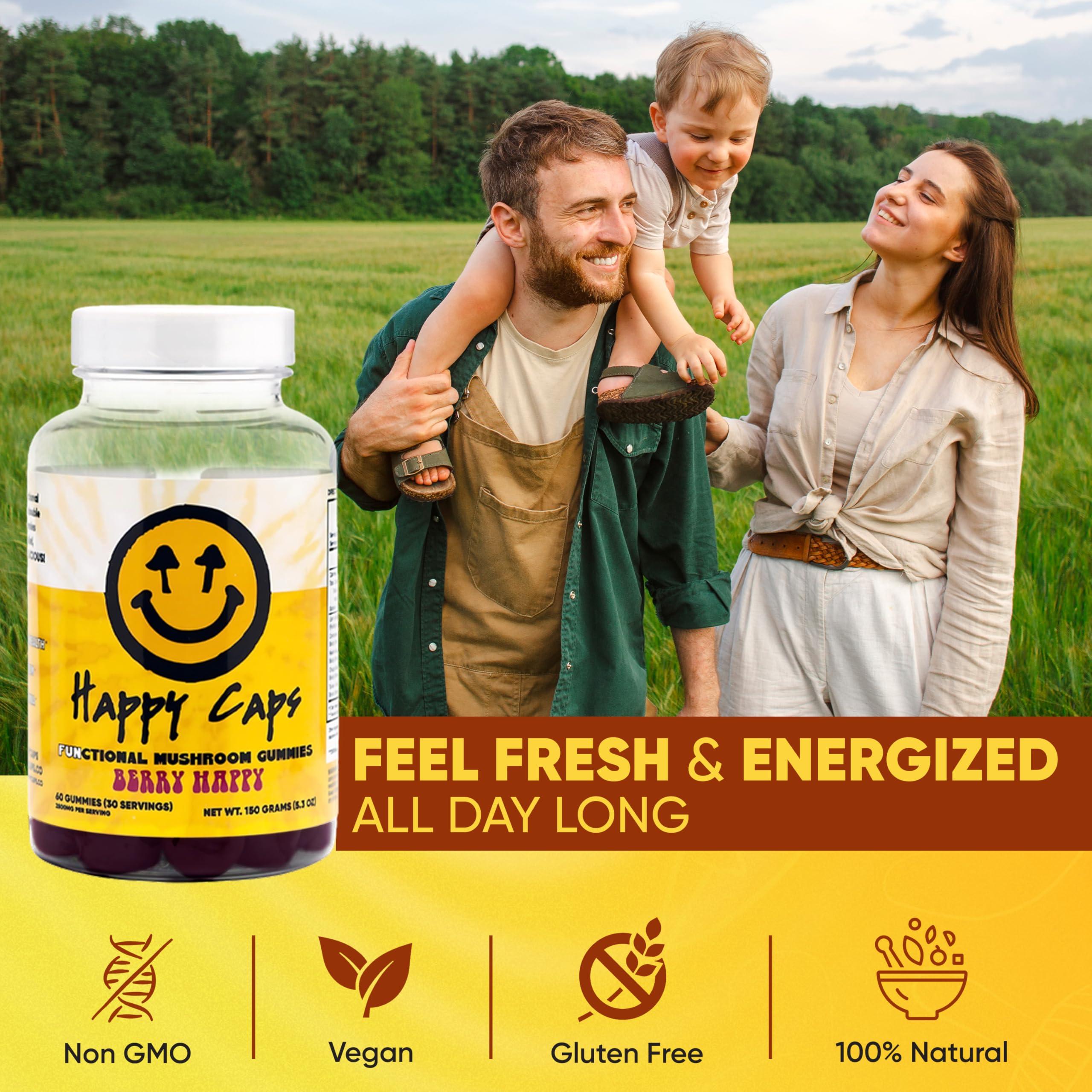 Happy Caps Happy Caps Functional Mushroom Gummies - Lions Mane, Cordyceps, Chaga, Reishi - Immune System Booster & Nootropic Brain Supplement - 60 Gummies (1)