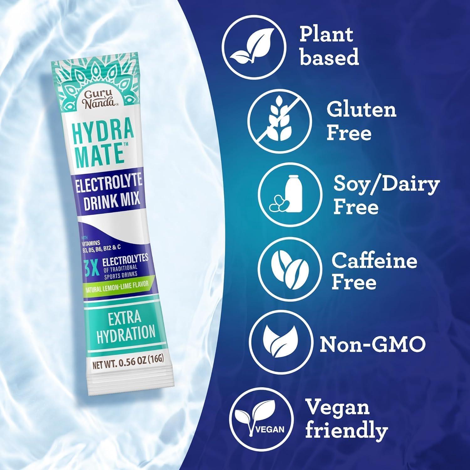 GuruNanda GuruNanda Hydramate Hydration Support Drink Mix - Electrolyte Powder Packets for Dehydration, Exercise & Energy - No Added Sweeteners, Non-GMO, Natural Lemon Lime Flavor - 12 Count (0.56 oz Each)