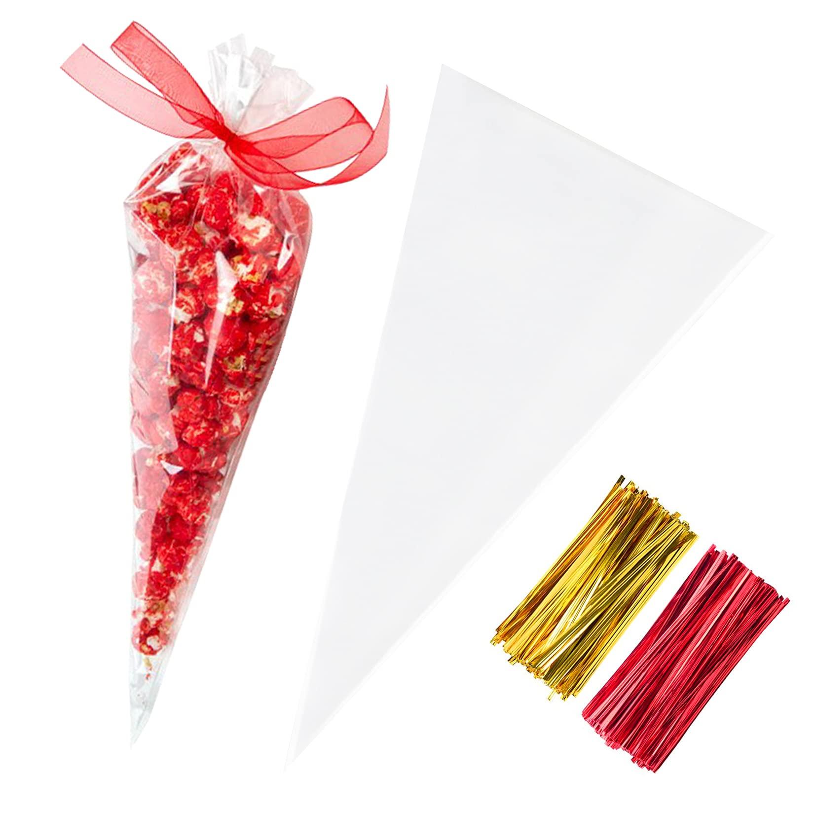 Yotelab Large Cone Cellophane Bags,7x15 Inches 200 PCS Plastic Popcorn Cone Bags for Party, Clear Cone Shaped Treat Bags with Twist Ties