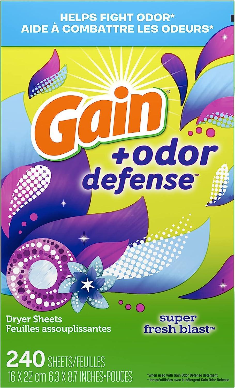 Gain Gain + Odor Defense Dryer Sheets, Super Fresh Blast Scent Fabric Softener Sheets, 240 ct (Pack of 2)