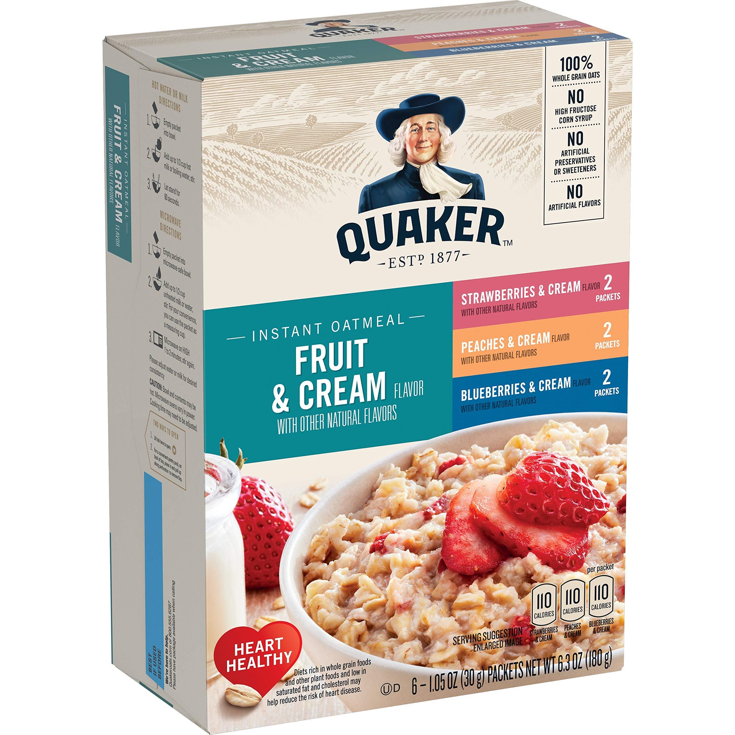 Quaker Quaker Instant Oatmeal Fruit and Cream Variety Pack, Breakfast Cereal,1.23 Ounce(8 Count in 1 Box) (Pack of 12 )