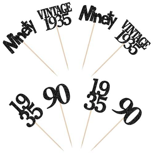 Rsstarxi Rsstarxi 24 Pack 90th Birthday Cupcake Toppers Black Glitter Vintage 1933 Cupcake Picks Ninety Cheers to 90 Years Old Birthday Cupcake Topper for Happy 90th Birthday Anniversary Party Cake Decorations