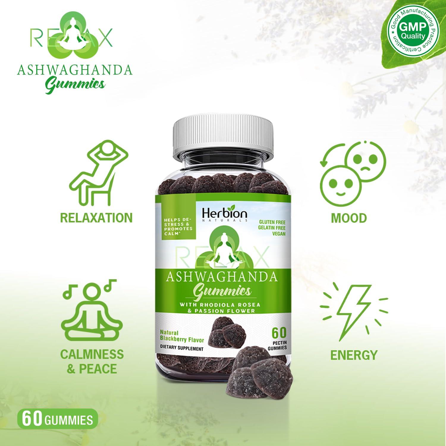 Herbion Naturals Herbion Naturals Ashwagandha Gummies with Herbal Blend, Helps De-Stress & Promote Calm*, Natural BlackBerry Flavor, Gluten-Free, 60 Pectin Gummies, Vegan, Made in USA, Pack of 4