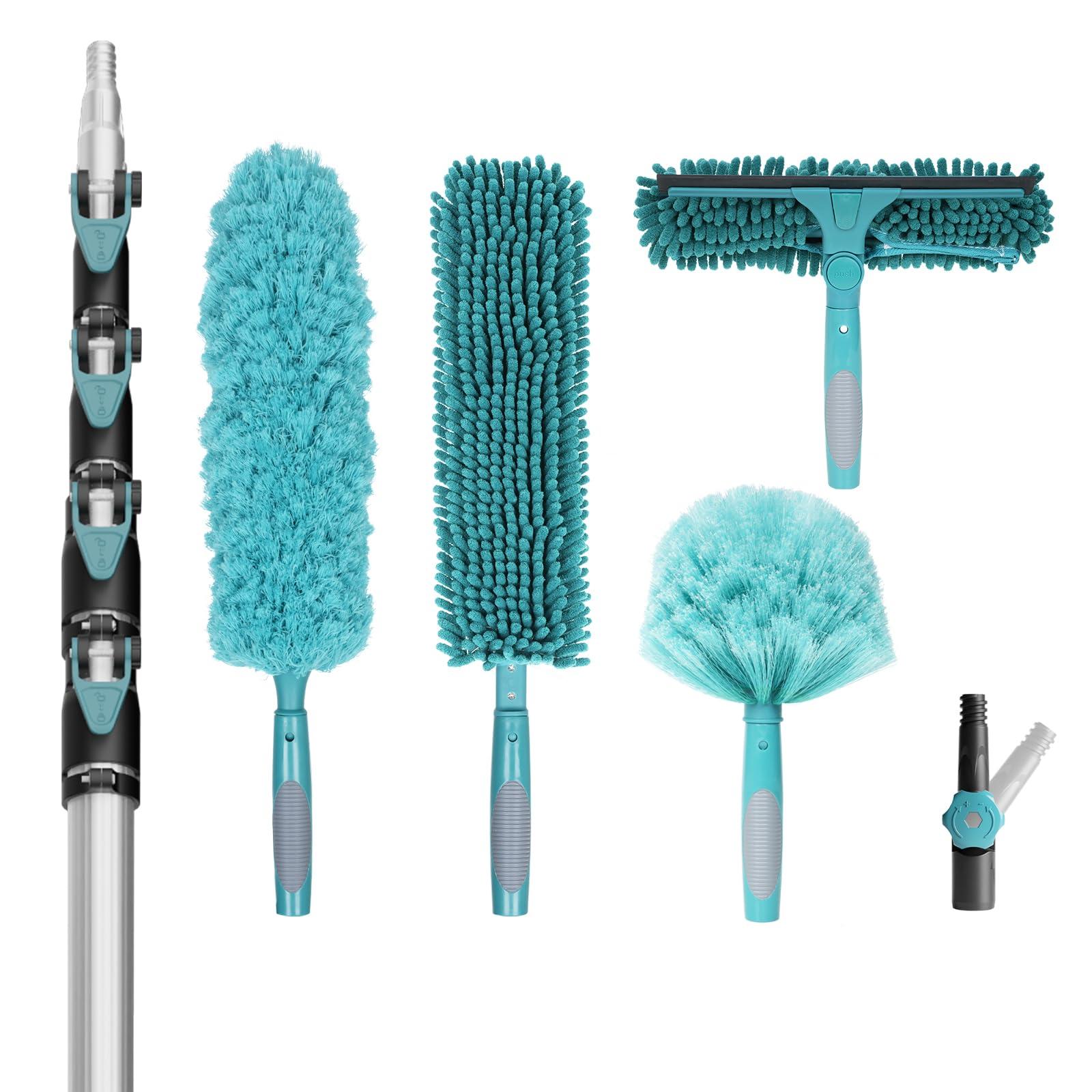 TelesPro TelesPro 36 Foot High Reach Duster Kit with 7-30FT Extension Pole High Ceiling Dusting and Window Cleaning Kit with Telescopic Pole Window Washer&Squeegee,Cobweb Duster,Fan Duster and Feather Duster