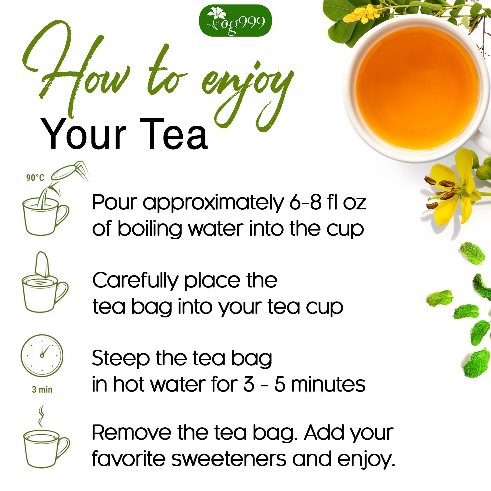 TOG999 100 Tea Bags Relieves Constipation Natural Tea, Blend of Senna Leaves - Peppermint - Licorice - Fennel, 100% Natural Ingrendients, Hand-made Herbal Tea, No Sugar, No Caffeine, No Gluten, Vegan.