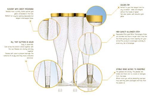TasteOfQuality 50 Gold Rimmed Sparkle Plastic Champagne Flutes, Gold Glitter, 6.5 Oz Reusable Heavy Duty Wine Glass, Clear Plastic Toasting Glasses, Disposable Plastic Wine Glasses, cups for Bachelorette Party.