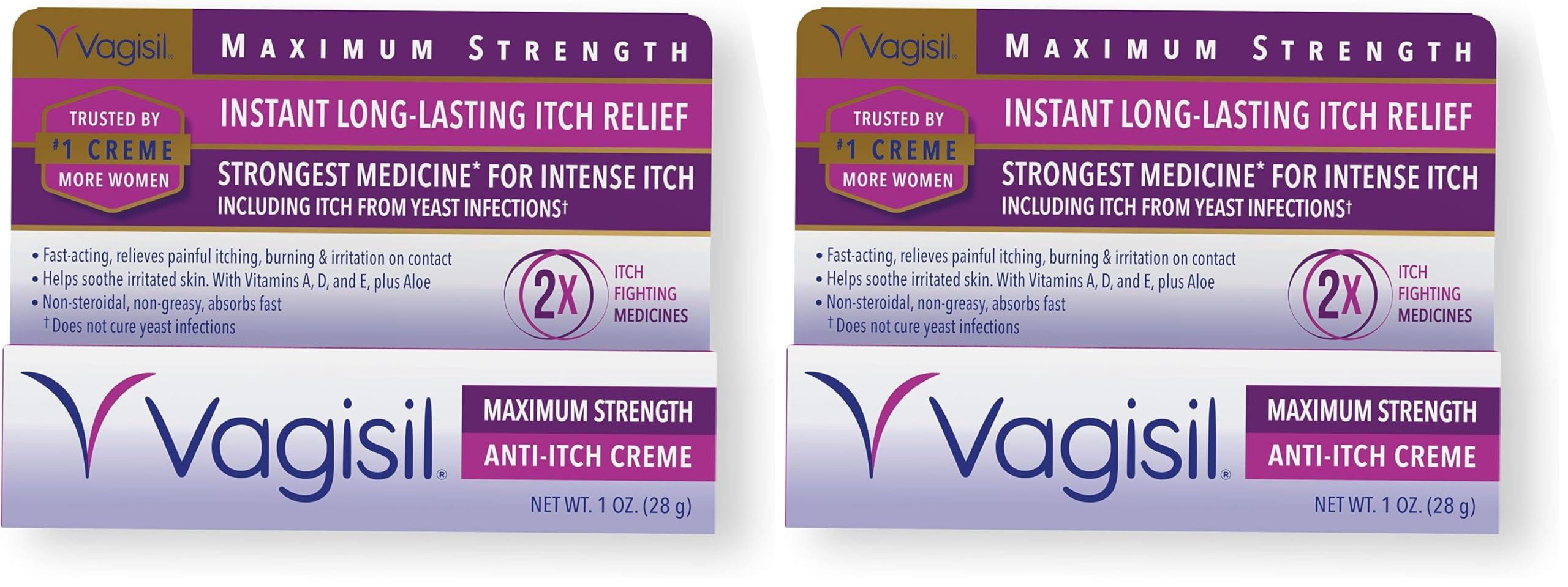 Vagisil Vagisil Maximum Strength Feminine Anti-Itch Cream with Benzocaine for Women, Helps Relieve Yeast Infection Irritation, Gynecologist Tested, Fast-Acting, Soothes and Cools Skin, 1 oz (Pack of 2)