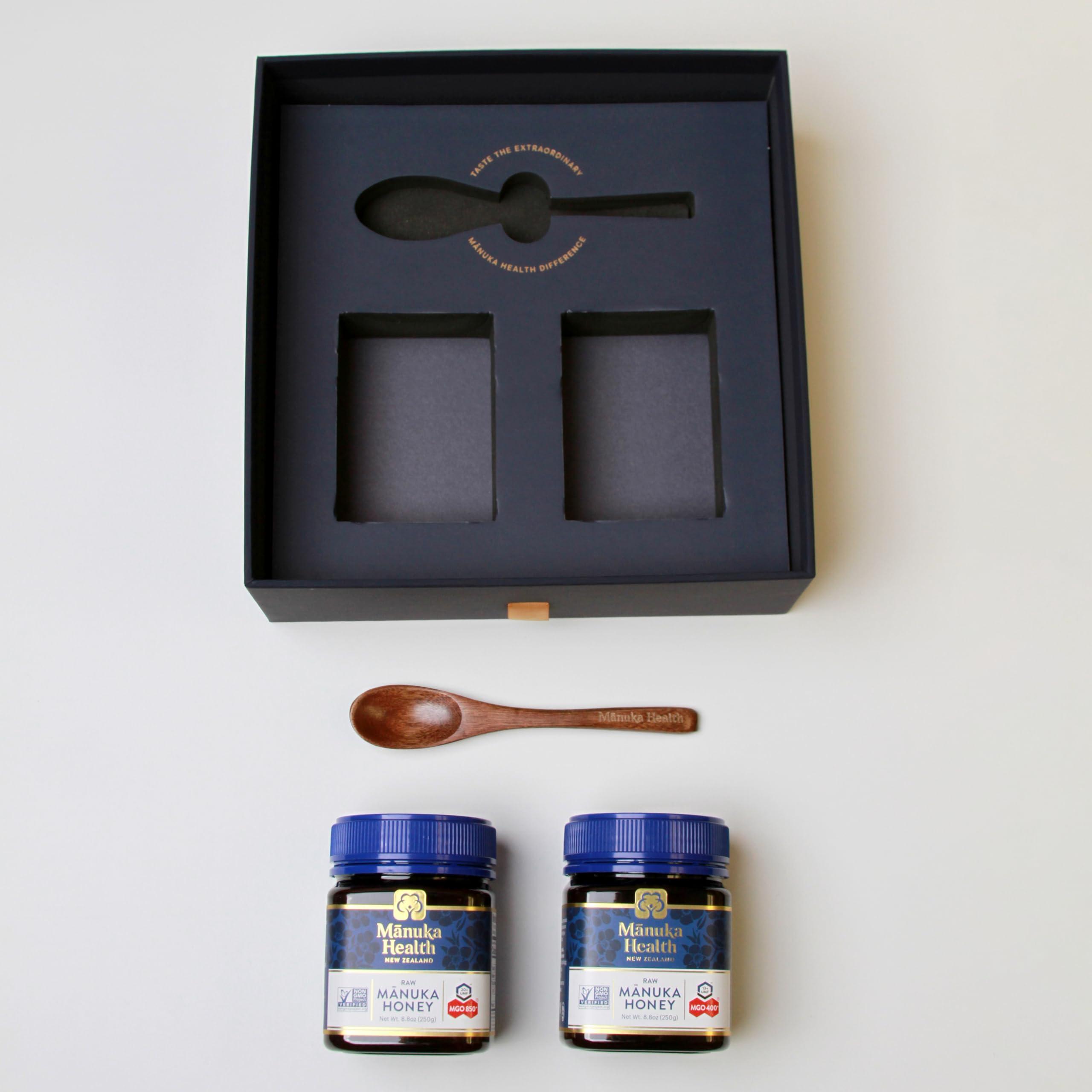 Manuka Health Manuka Health Holiday Gift Set, Certified Raw Manuka Honey from New Zealand, Includes UMF 20+/MGO 850+ 8.8oz Jar and UMF 13+/MGO 400+ 8.8 oz Jar with Wood Spoon