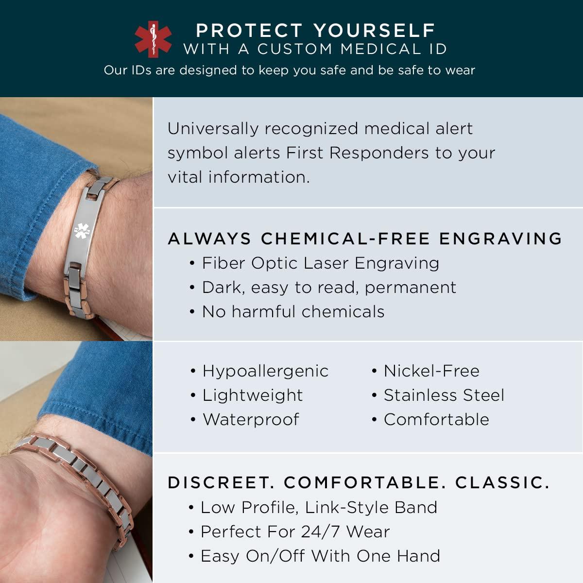 Lauren\'s Hope Lauren\'s Hope Durable Custom Engraved Black, Blue and Rose Gold and Silver Medical Alert Bracelets, Diabetes, Heart Disease, Pacemaker, Epilepsy, Medical ID (8.5 inches, Rose Gold and Silver)