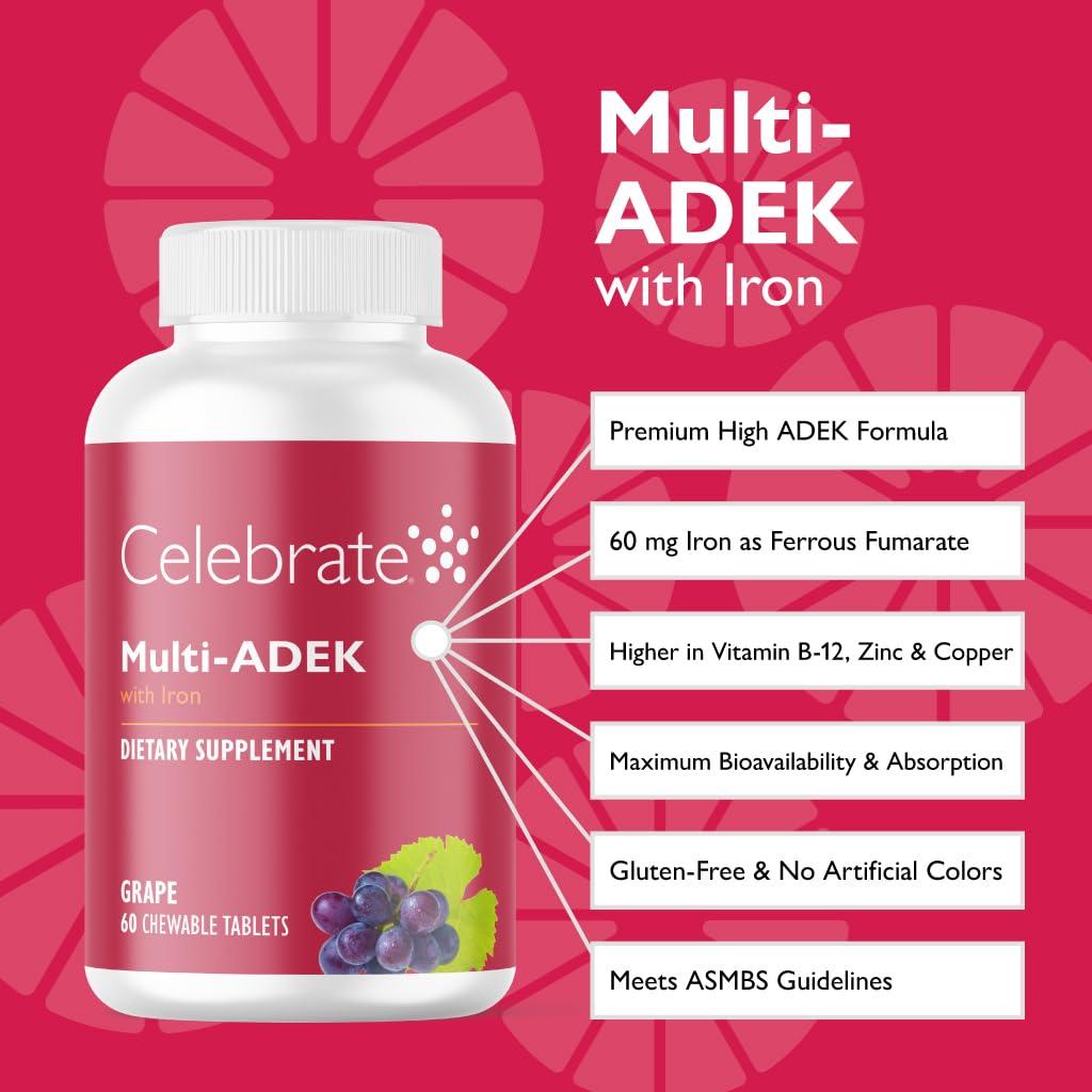 Celebrate Bariatric Supplements Celebrate Vitamins Multi ADEK Chewables, 60mg Iron - Daily Bariatric Multivitamin, Vitamins A, D, E, K & B12 for Duodenal Switch Surgery Patients - Grape (60 Tablets)