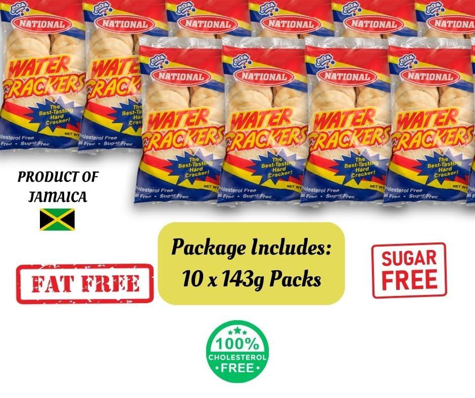 Generic National Jamaican Water Crackers | 10 Packs (143g) & | Cholesteral Free | Sugar Free | Fat Free | Crunchy Hard Crackers