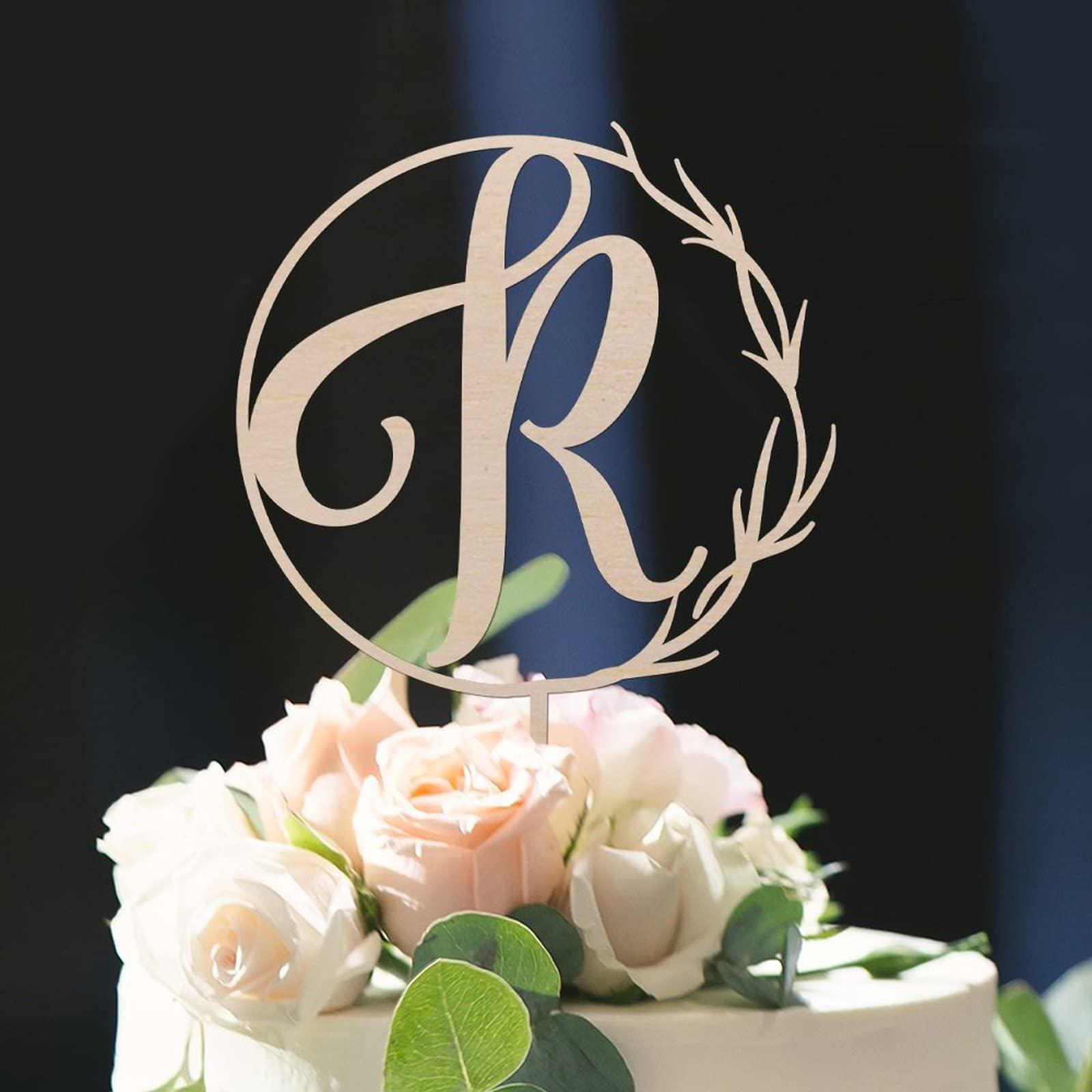 Vinisong Vinisong Personalized Initials Cake Topper Wreath Letter R Cake Topper Wood Monogram Cake Topper Rustic Wedding Cake Topper Birthday Cake Decoration(Design 06,R)