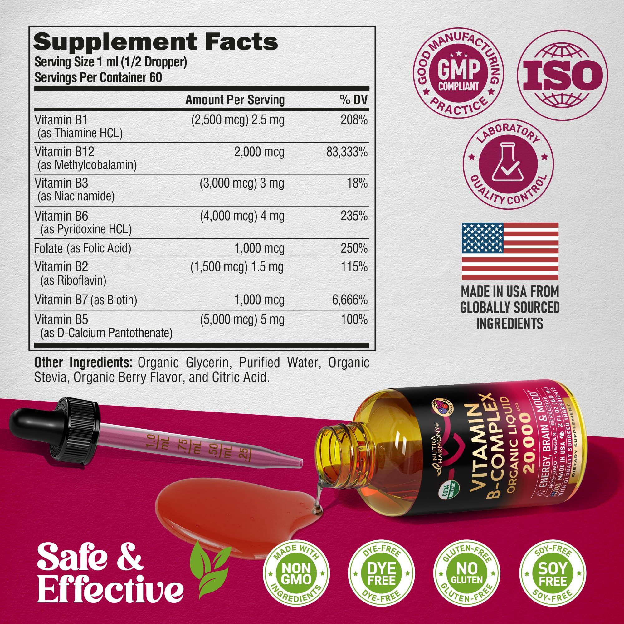 NUTRAHARMONY USDA Organic Vitamin B-Complex B5 Pantothenic Acid | B12 Methylcobalamin | B1 Thiamine | B6 Pyridoxine | B7 Biotin | B9 Folic | B3 Niacinamide - B Complex Liquid Drops, Made in USA Supplement, 2fl oz