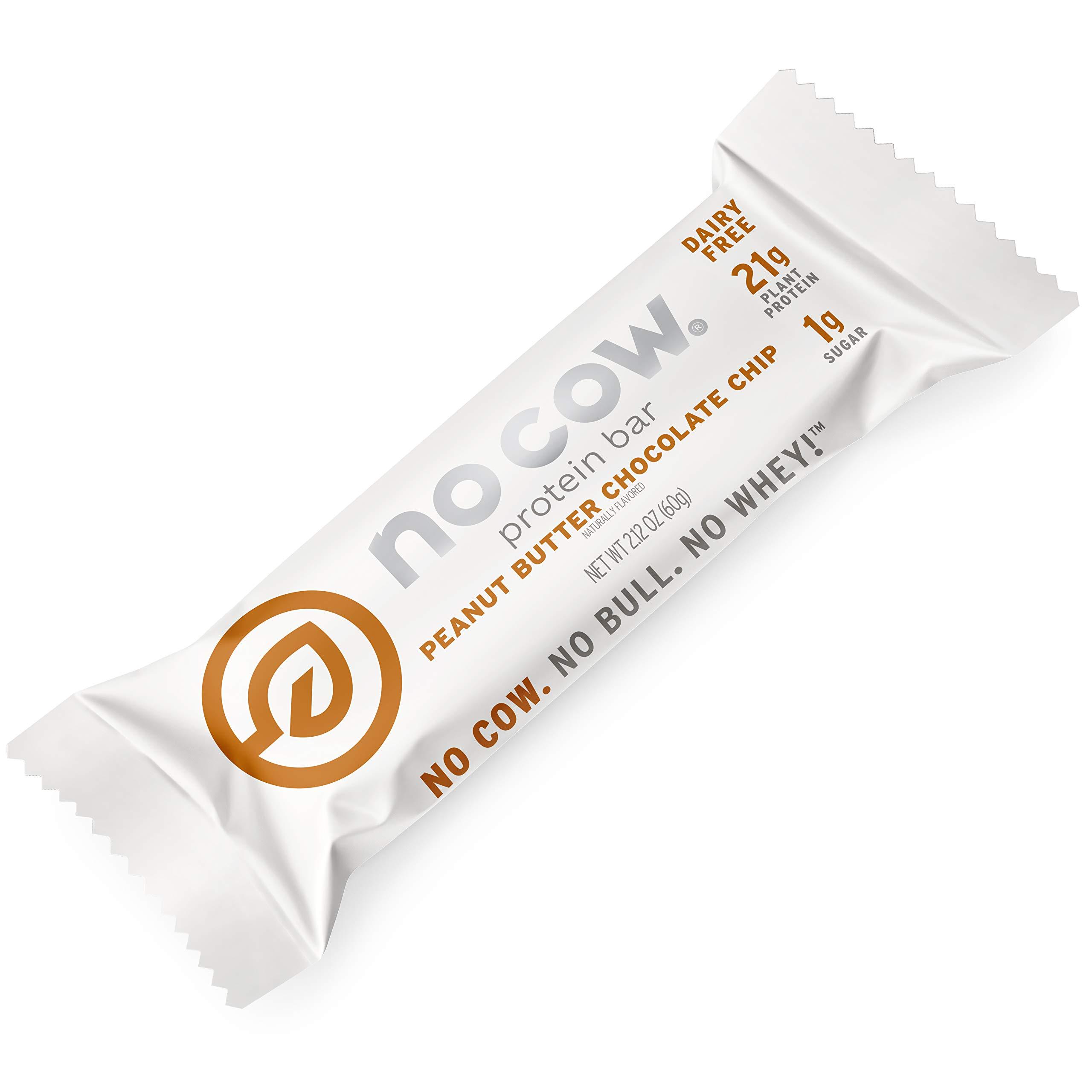 No Cow No Cow Protein Bar, Peanut Butter Chocolate Chip, 21g Plant Based Protein, Keto Friendly, Low Carb, Low Sugar, Dairy Free, Gluten Free, Vegan, High Fiber, Non-GMO, 4 Count
