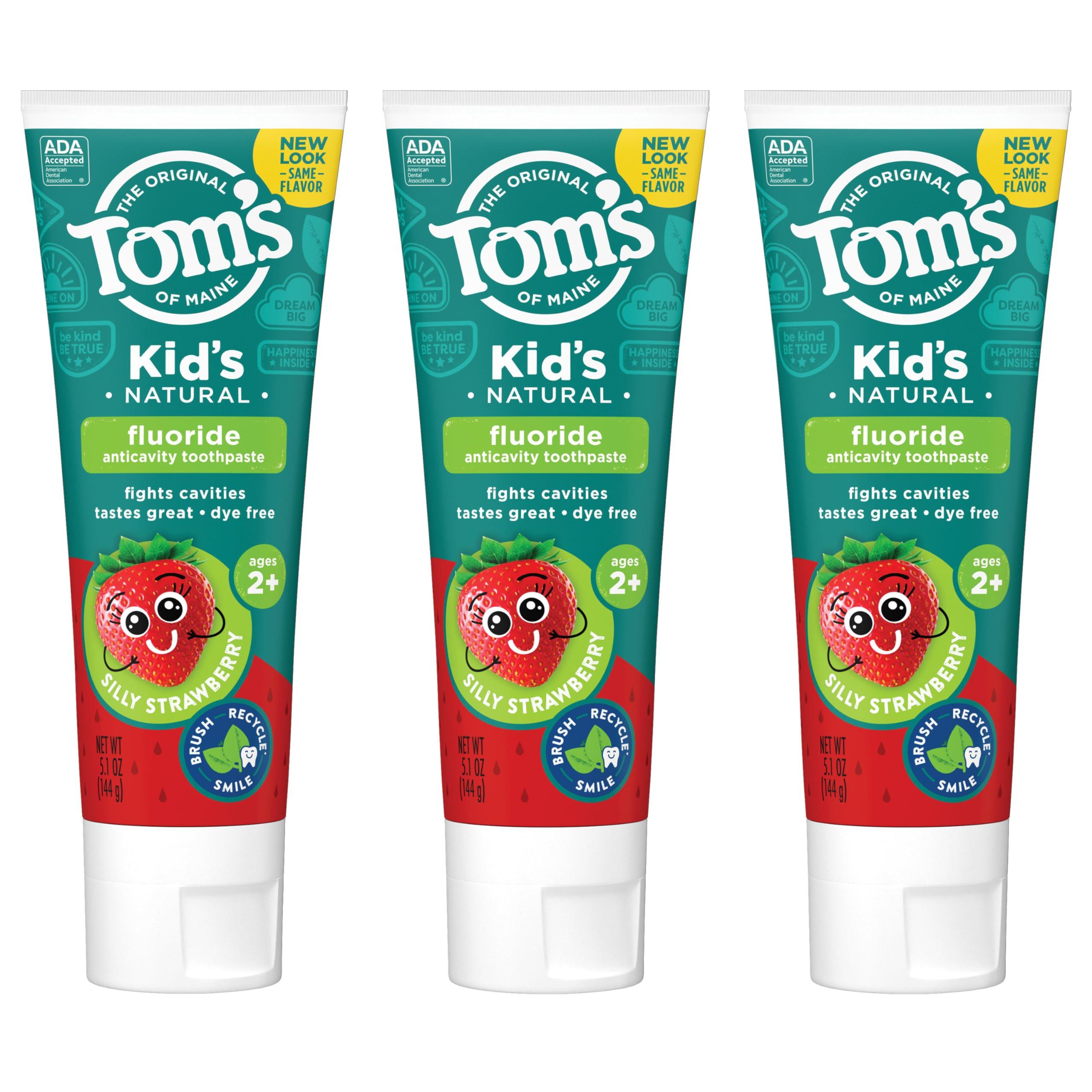 Tom's of Maine Tom's of Maine ADA Approved Fluoride Children's Toothpaste, Natural Toothpaste, Dye Free, No Artificial Preservatives, Silly Strawberry, 5.1 oz. 3-Pack (Packaging May Vary)