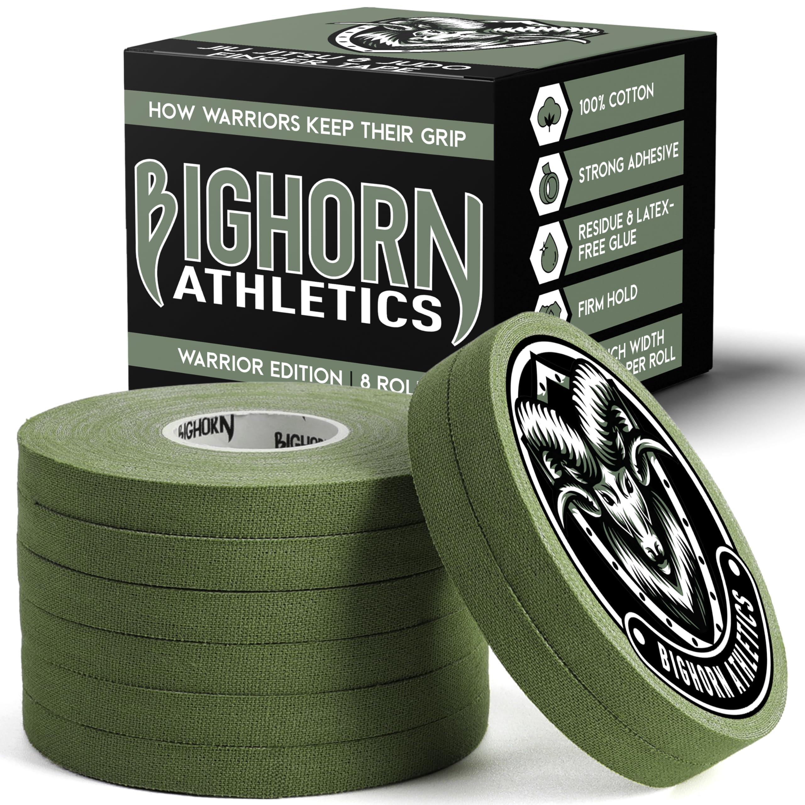 Bighorn Athletics Bighorn Athletics Jiu Jitsu Finger Tape | Athletic Sports Tape for Injuries & Support: BJJ, Judo, MMA, Rock Climbing, Volleyball, Crossfit, Hands & Toes | 0.3-Inch x 45-feet, 8-Rolls, Military Green