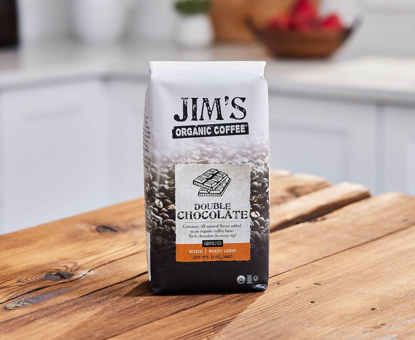 Jim's Organic Coffee Jim’s Organic Coffee – Double Chocolate, All Natural Flavored Blend – Light Roast, Ground Coffee, 12 oz Bag