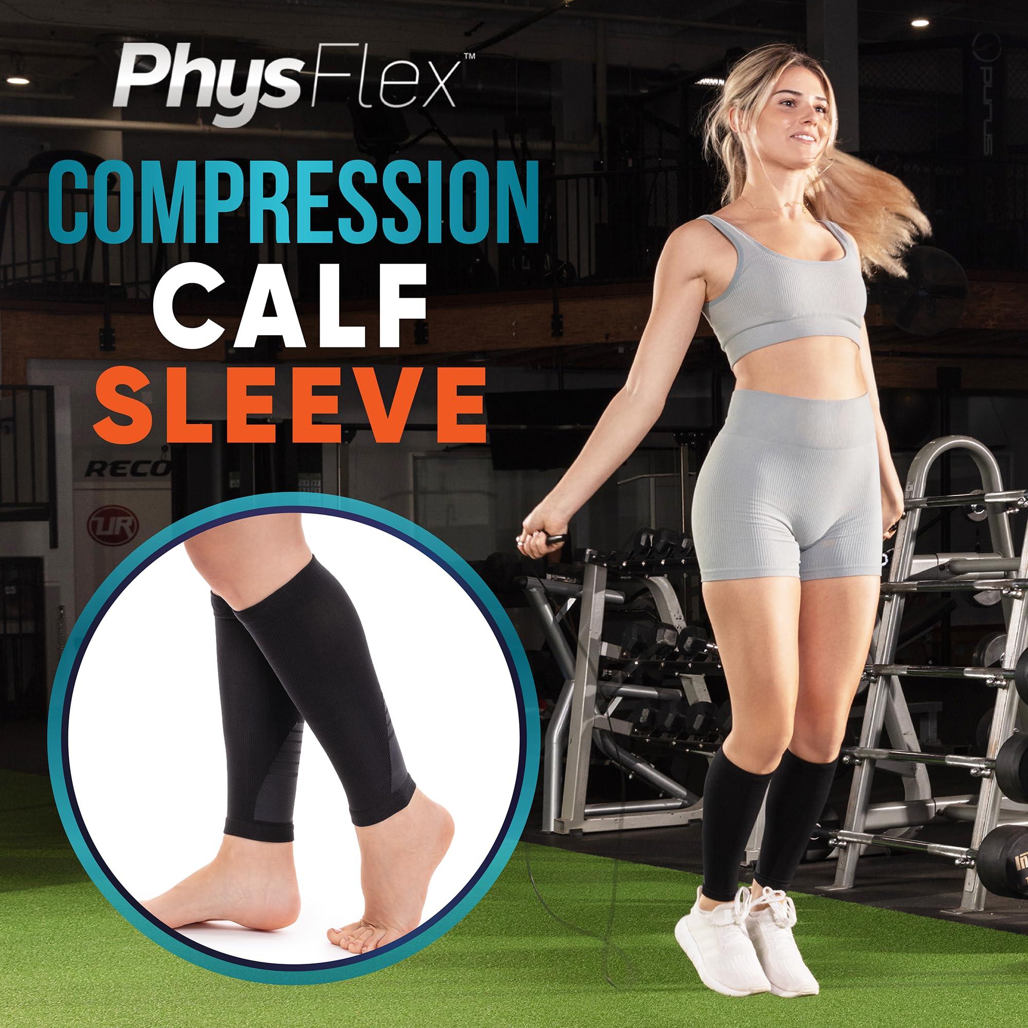 PhysFlex Calf Compression Sleeves for Men and Women - (1 Pair) Footless Compression Socks Support for Varicose Vein, Nursing, Pregnancy, Running - PhysFlex Leg Sleeve Brace for Shin Splints, Pain Relief and