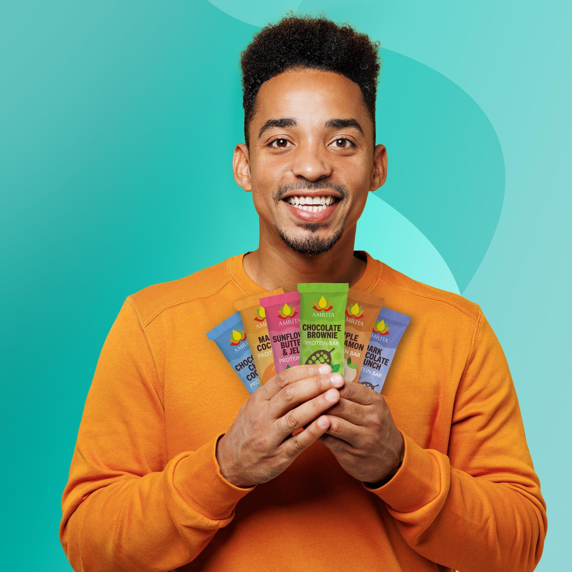 Amrita AMRITA Vegan Protein Bars Variety Pack (6 Flavors) | Peanut/Dairy Free, Soy & Gluten Free | 15g Plant Based Protein Bars | High Fiber Low Sugar Meal Replacement Bar - Breakfast Bars, High Protein Bars