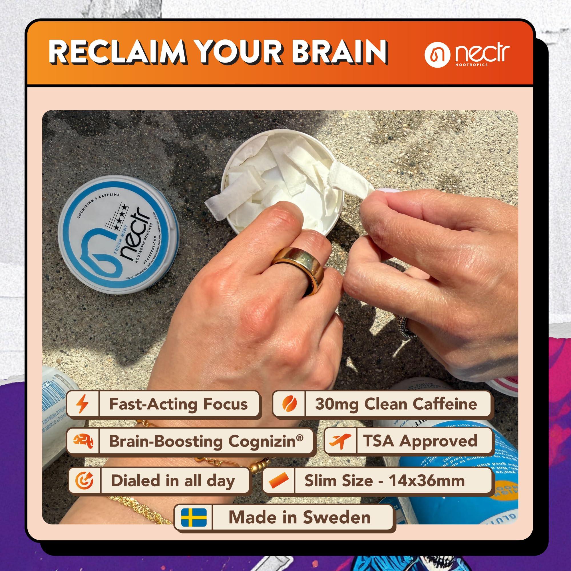 Nectr Nectr Nootropic Energy Pouches, Focus & Energy, Iced Mango, Cognizin 62.5 mg, Caffeine 30 mg, 16 Pouches, Neuro Support, Sugar Free, 5 Pack of Cans