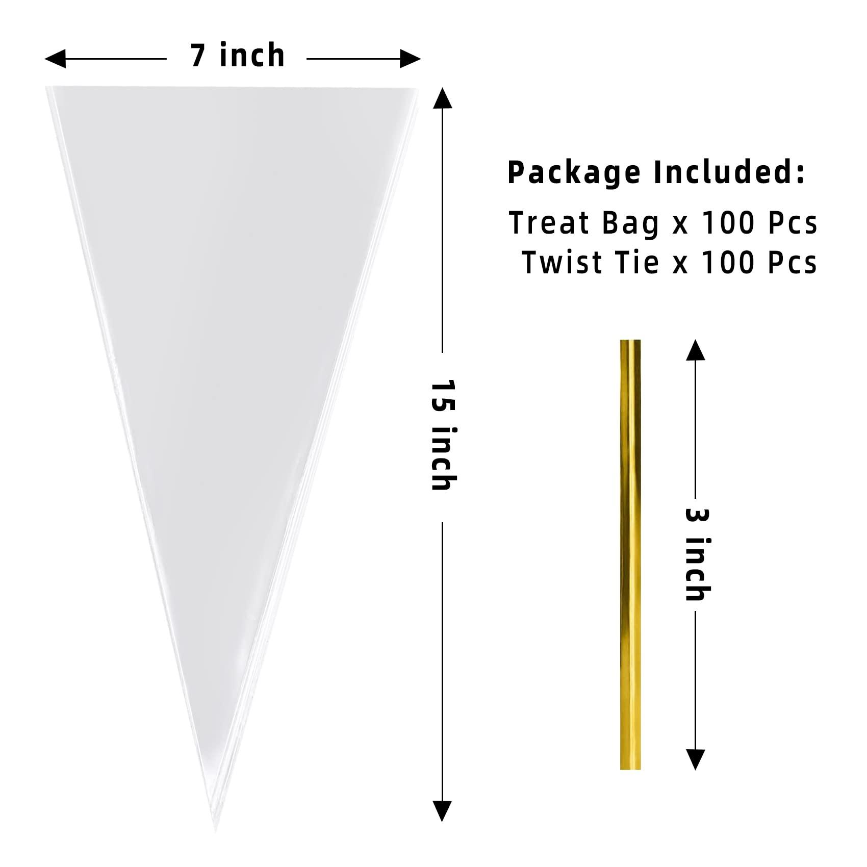 Morepack Morepack Cone Treat Bags, 100Pcs, 7x15 Inches, Clear Cellophane, with Twist Ties, for Treats, Popcorn, Candy, Party Favors