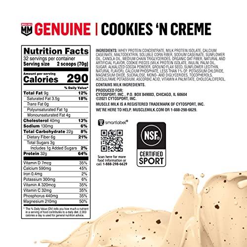 Muscle Milk Muscle Milk Genuine Protein Powder, Cookies 'n Crème, 4.94 Pound, 32 Servings, 32g Protein, 2g Sugar, Calcium, Vitamins A, C & D, NSF Certified for Sport, Energizing Snack, Packaging May Vary