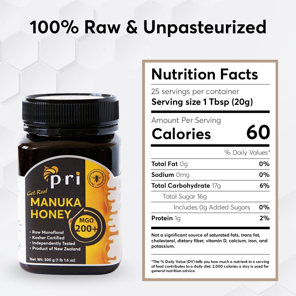 PRI PACIFIC RESOURCES INTERNATIONAL THE ESSENCE OF PRI Manuka Honey, Certified MGO 200+, Raw New Zealand Manuka Honey, 500g Jar