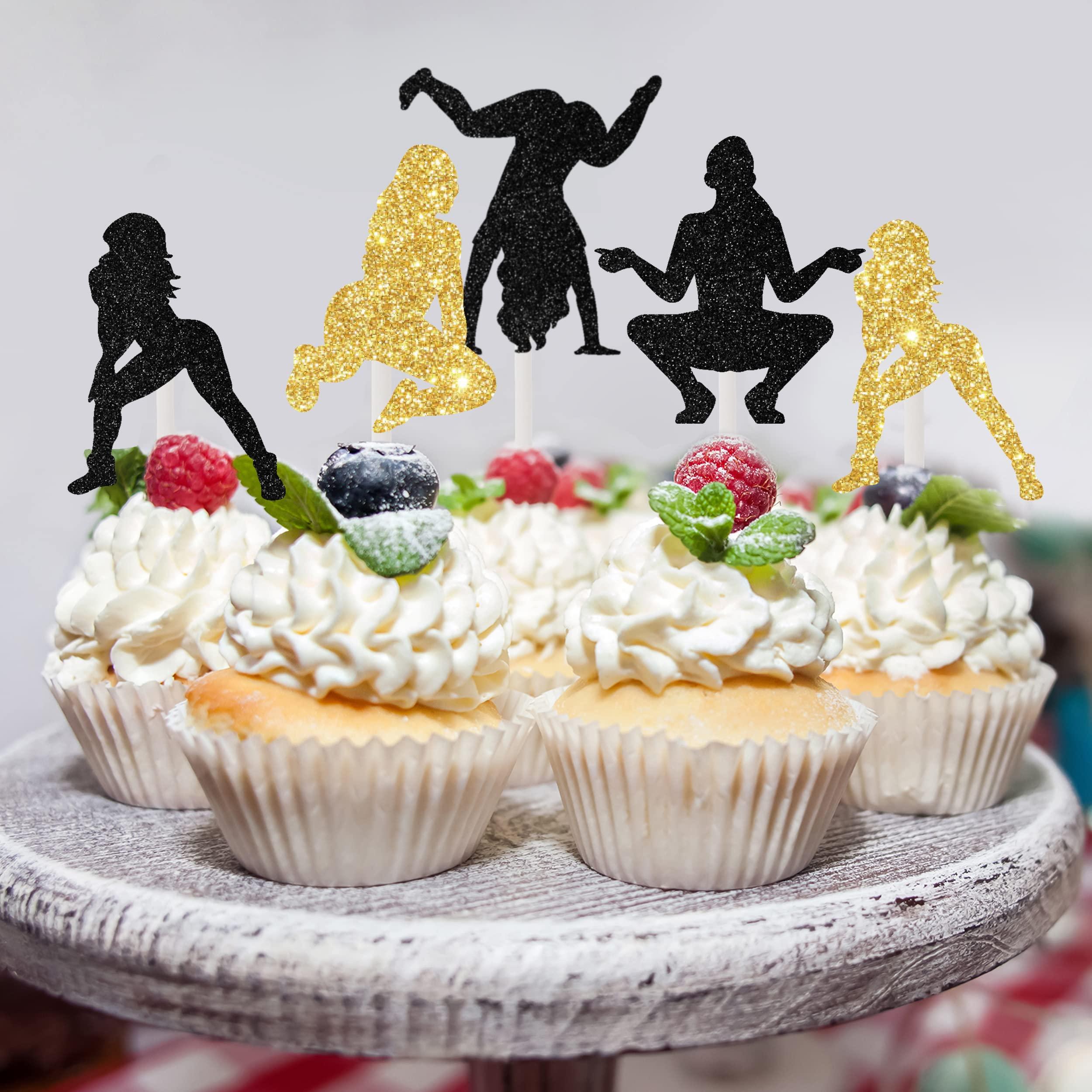 Cheereveal Cheereveal 24PCS Twerk Cupcake Toppers, Black and Gold Glitter Pole Dancing Cupcake Toppers for Funny Halloween Bachelorette Adults Birthday Party Decorations