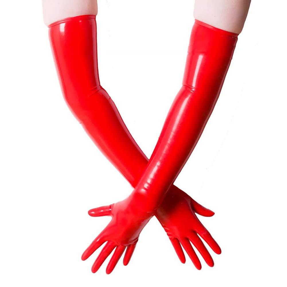 EXLATEX EXLATEX Latex Rubber Black Long Gloves Outfits Accessory Plus Size (Medium, Red)
