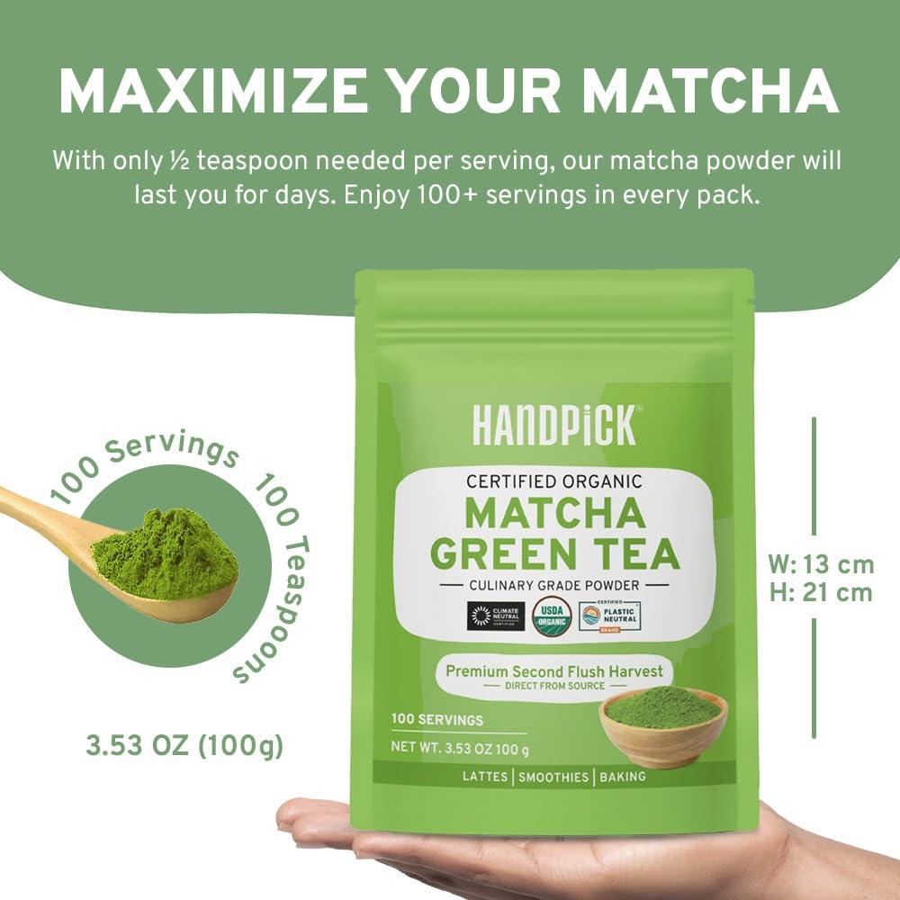 HANDPICK HANDPICK Japanese Organic Matcha Green Tea Powder (100 Servings) - Authentic Premium Second Flush Harvest | Resealable Ziplock Pouch