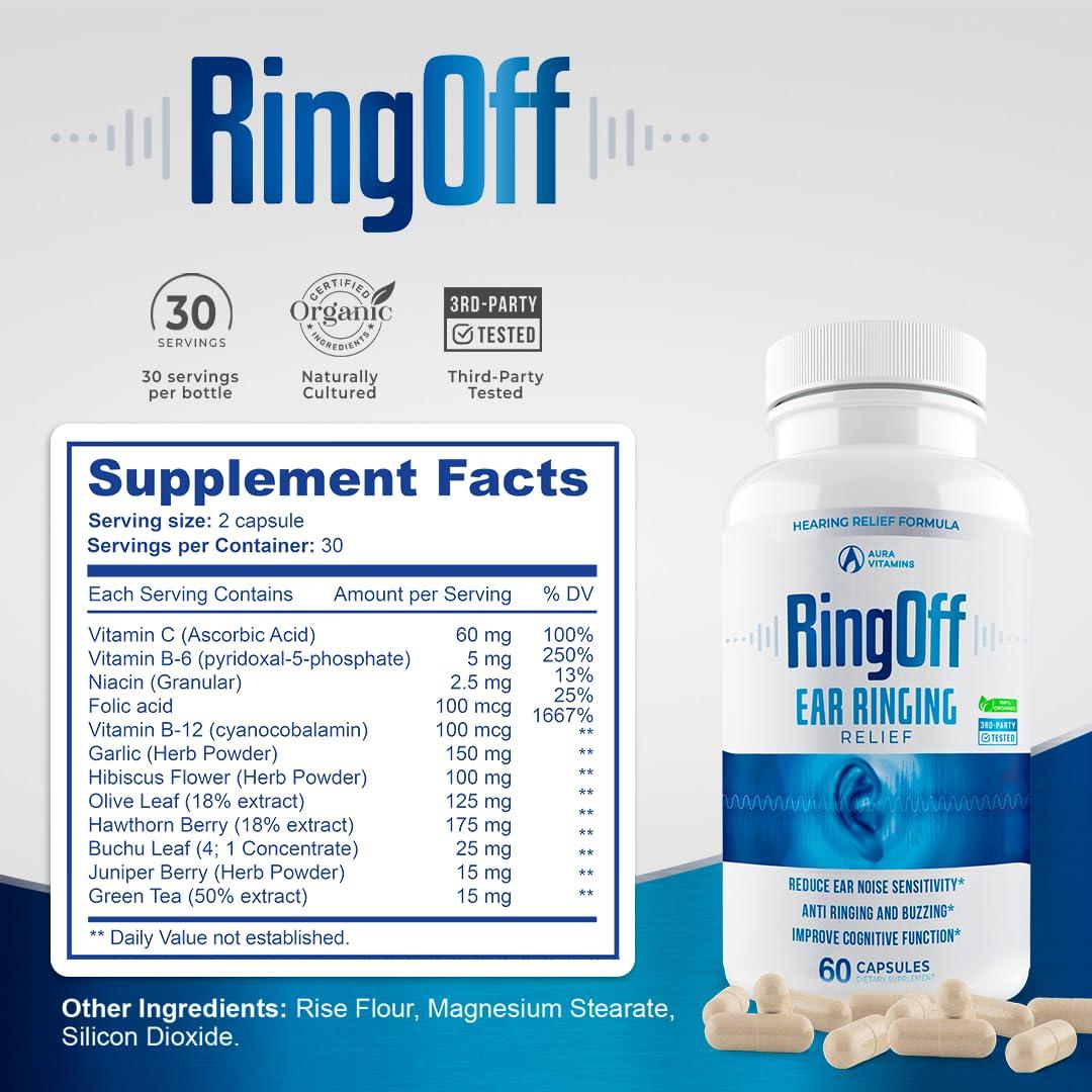 AURA VITAMINS Ring Off (120 Caps) Tinnitus Relief for Ringing Ears, Clear Tinnitus Quieting Ear Ringing Relief & Restoring Inner Peace, Ginkgo Biloba, Zinc Picolinate & More Effective Hearing Health Support