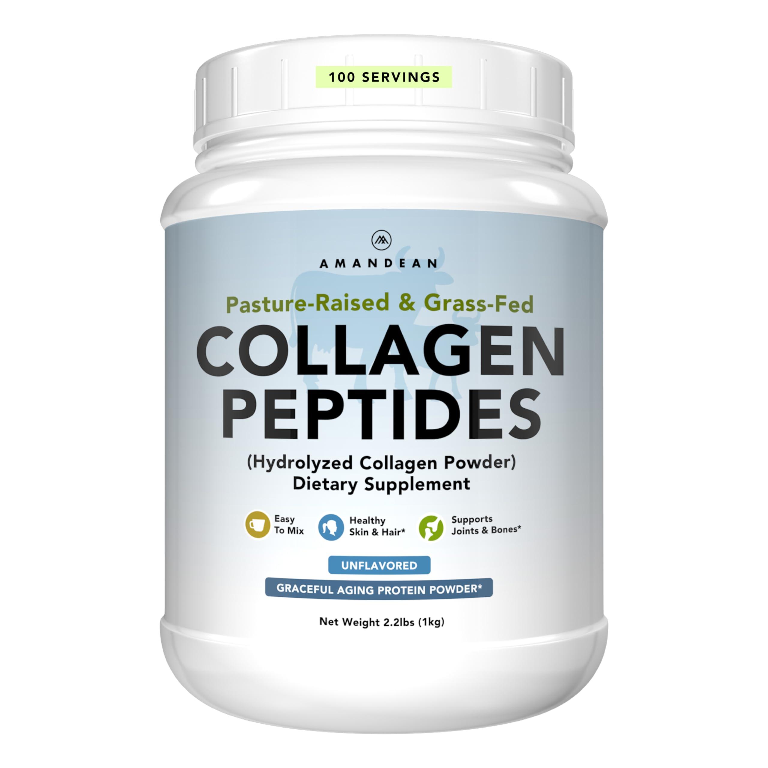 AMANDEAN AMANDEAN Collagen Peptides Powder 1kg. Grass-Fed, Enzymatically Hydrolyzed, Type 1 & 3. Agglomerated, Easy to Mix, Unflavored, Non-GMO. Protein with 18 Amino Acids for Healthy Skin, Hair, Nails.