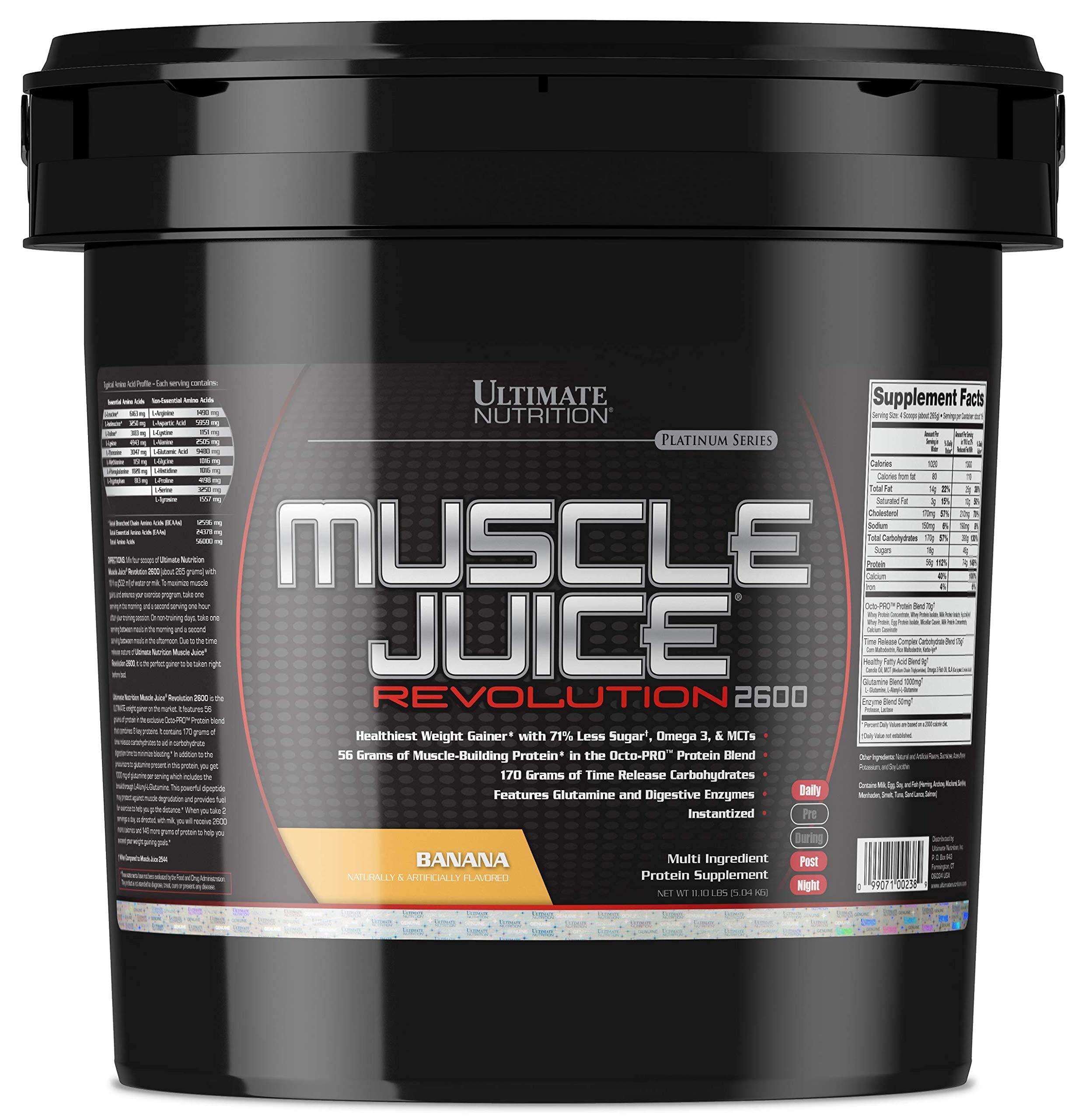 Ultimate Nutrition Ultimate Nutrition Muscle Juice Revolution 2600 Weight Gainer, Muscle Recovery with Glutamine, Micellar Casein and Time Release Complex Carbohydrates, Banana Protein Powder, 11.1 Pounds
