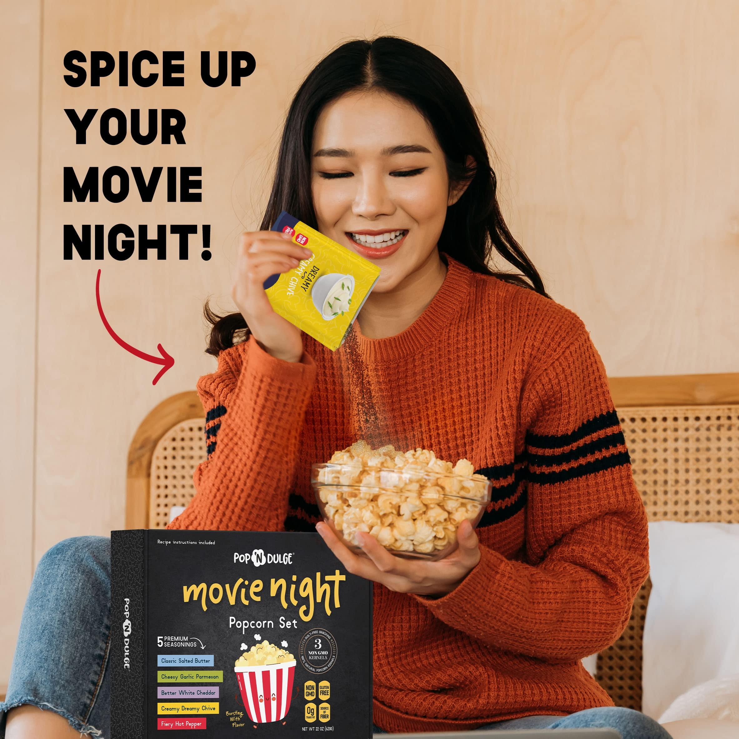 Pop n' Dulge Popcorn Movie Night Supplies Popcorn Kernels Popcorn Seasoning 16 Pack, 5 Gourmet Popcorn Kernels, 5 Popcorn Seasoning Variety Packs Non-GMO Snacks, Includes 6 Bags, Gift Basket Idea