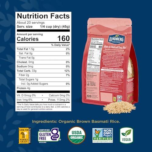 Lundberg Lundberg Basmati Rice, Organic Long Grain Brown Rice - Non-Sticky, Fluffy Aromatic Rice Grown in California, Pantry Staples, Chip Clip Included, 32 Oz