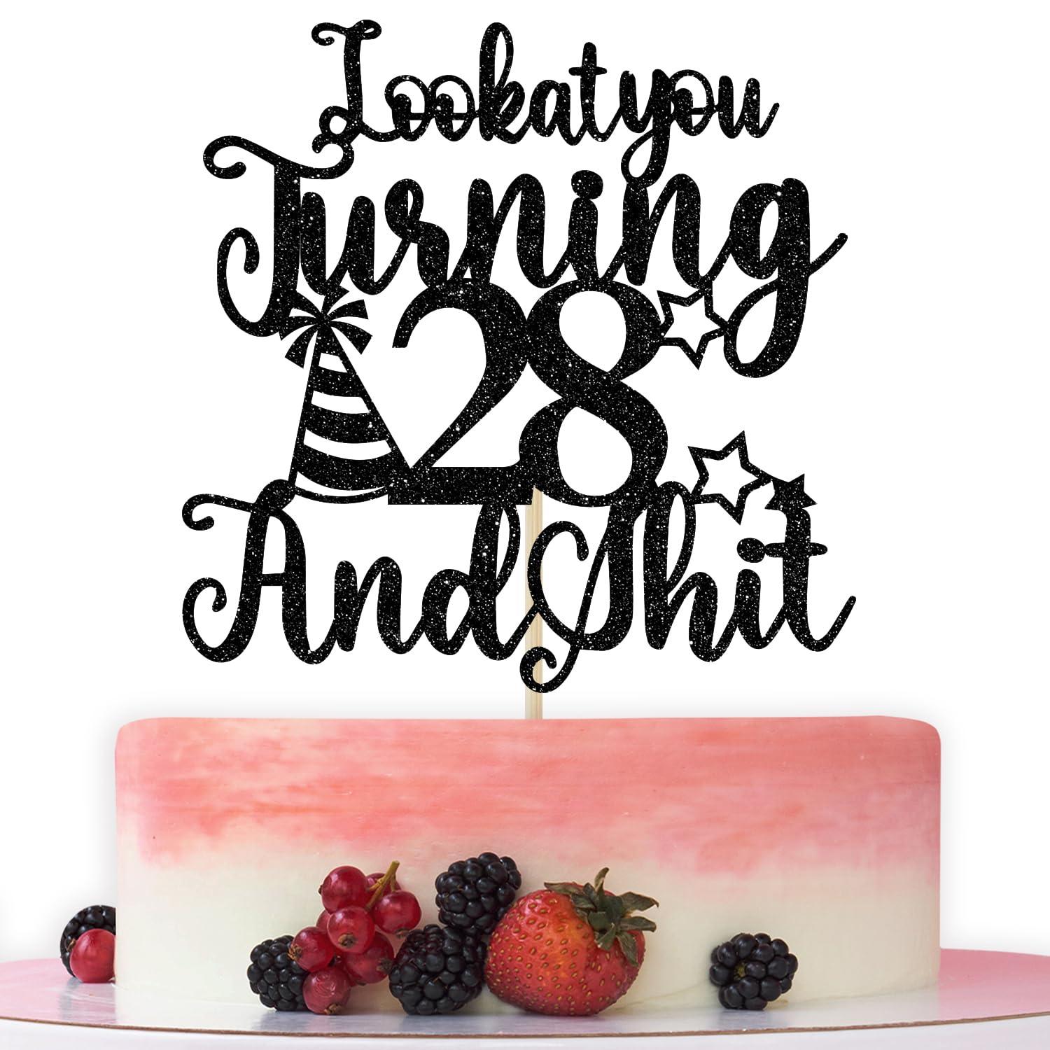 Bytorjar Happy 28th Birthday Cake Topper, 28th Birthday Cake Decor, Cheers to 28 Years, Hello 28, Funny 28th Birthday Party Decorations, Black Glitter