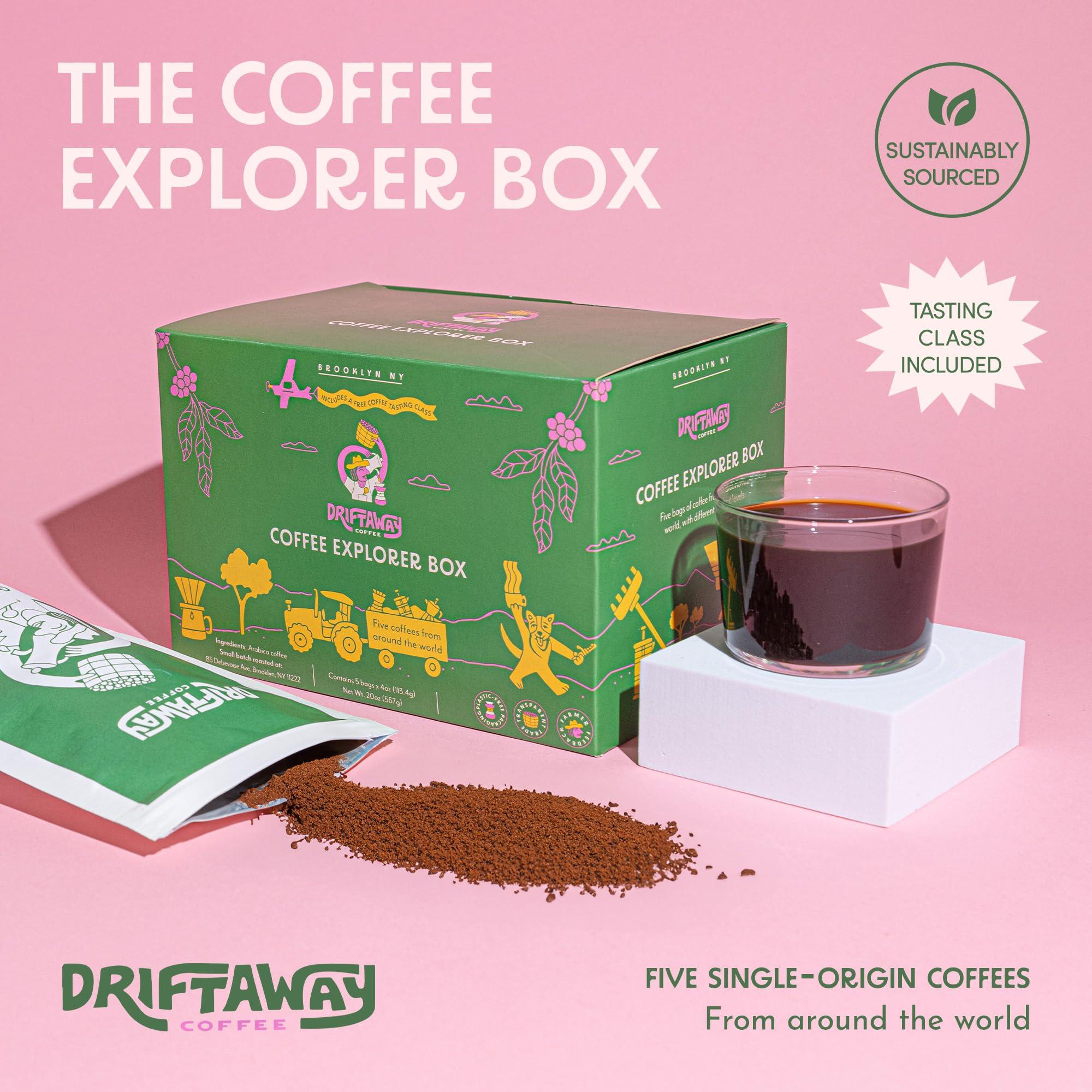 Driftaway Coffee Driftaway Coffee Explorer Box, 5 Pack Coffee Tasting Kit - Single-Origin Ground Coffee from Around the World - 5 Fresh Roasts - Sustainable Sourcing, Small-Scale Farmers - Gourmet Coffee Variety Gift (Drip Grind, 4 Ounce (Pack of 5))
