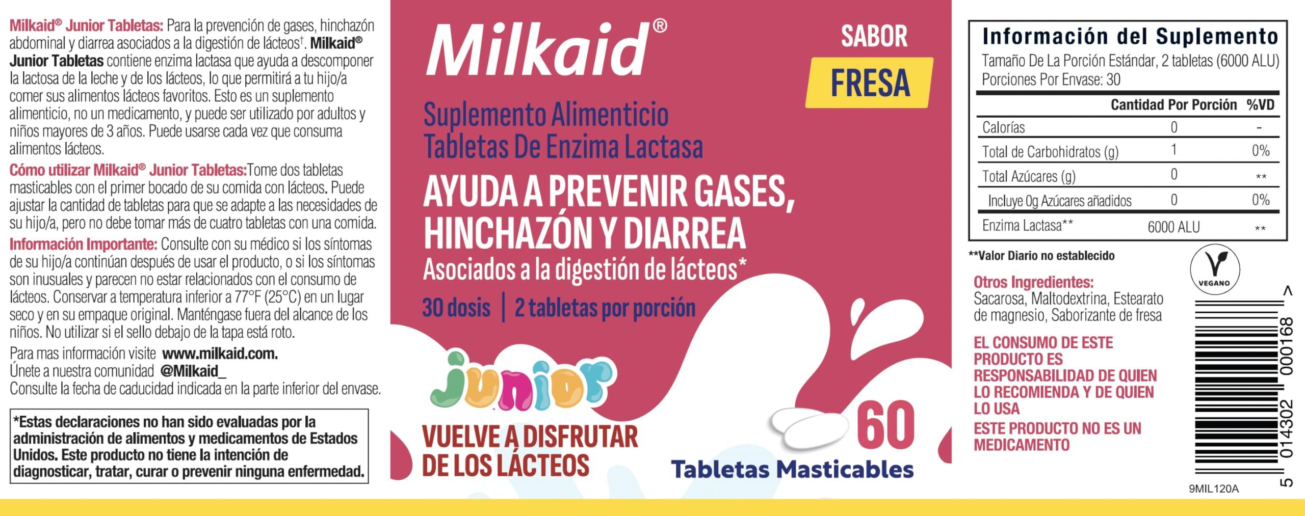 Milkaid Milkaid Junior Lactase Enzyme Chewable Tablets for Lactose Intolerance | Prevents Gas, Bloating, Diarrhea in Children| Fast Acting Dairy Digestive Supplement for Kids| Strawberry Flavor | 60 ct (3)