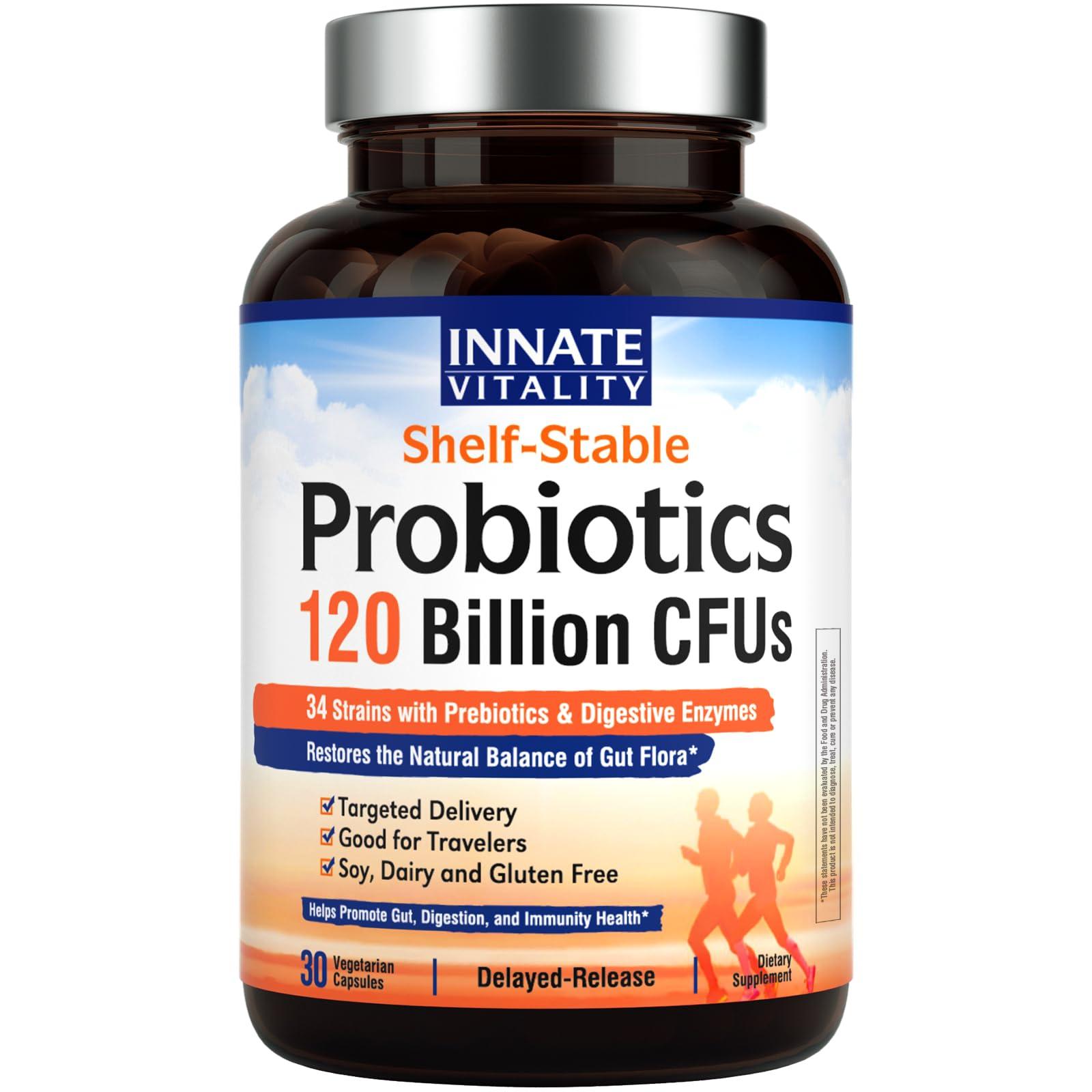 Innate Vitality Innate Vitality Probiotics 120 Billion CFUs for Men & Women, 34 Strains with Prebiotics & Digestive Enzymes, Immune & Digestive Health, Delayed Release, Shelf Stable, 30 Vegan Capsules