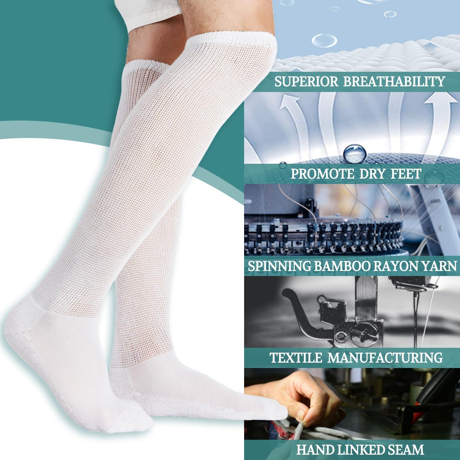 +MD +MD Diabetic Socks for Men and Women, Extra Wide Non-Binding Over the Knee High Calf Circulatory Socks with Cushioned Sole (4 Pairs White,10-13)